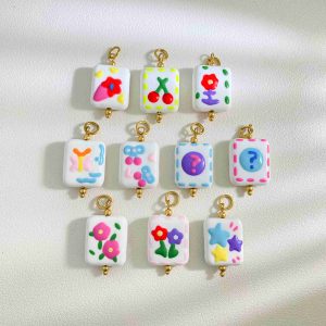 Hand Drawn square Pendant with Cute Fruit Flower Question Mark Design DIY Accessories Stainless Steel Charms Wholesale