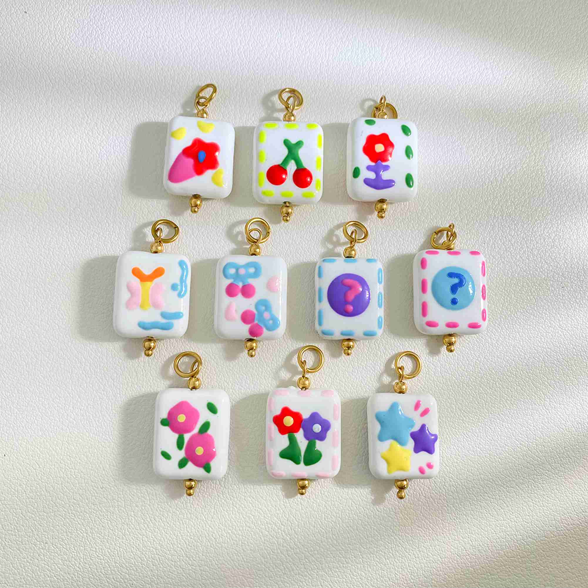 Hand Drawn square Pendant with Cute Fruit Flower Question Mark Design DIY Accessories Stainless Steel Charms Wholesale