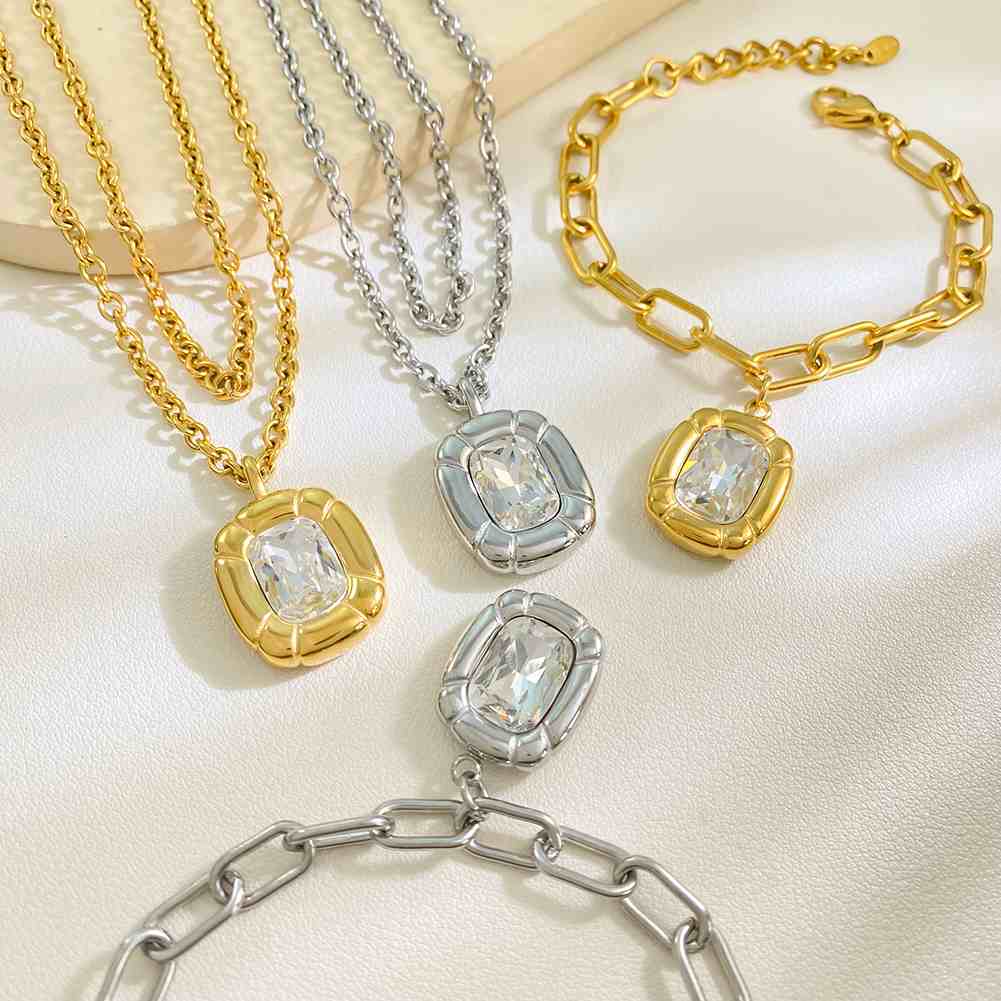 Stainless Steel Necklace Bracelet Jewelry Set Square CZ Pendant Gold Plated Paperclip Chain Tarnish Free Waterproof Wholesale - Image 4