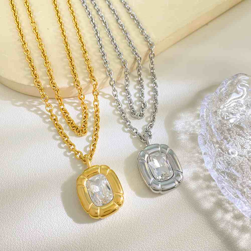 Stainless Steel Necklace Bracelet Jewelry Set Square CZ Pendant Gold Plated Paperclip Chain Tarnish Free Waterproof Wholesale - Image 3