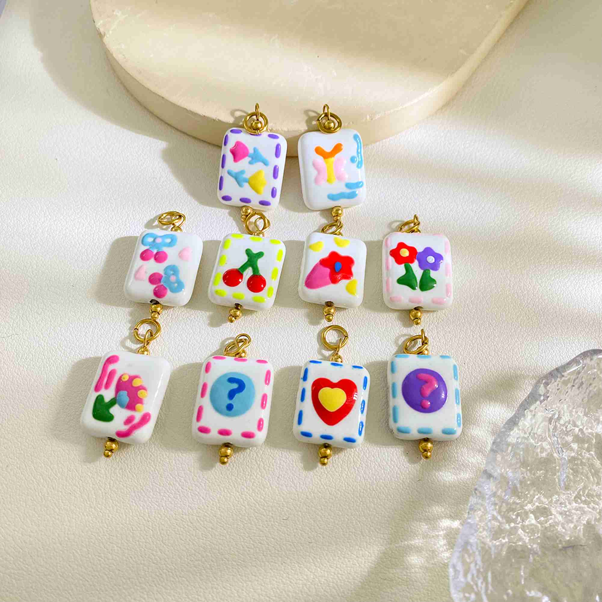 Hand Drawn square Pendant with Cute Fruit Flower Question Mark Design DIY Accessories Stainless Steel Charms Wholesale - Image 3