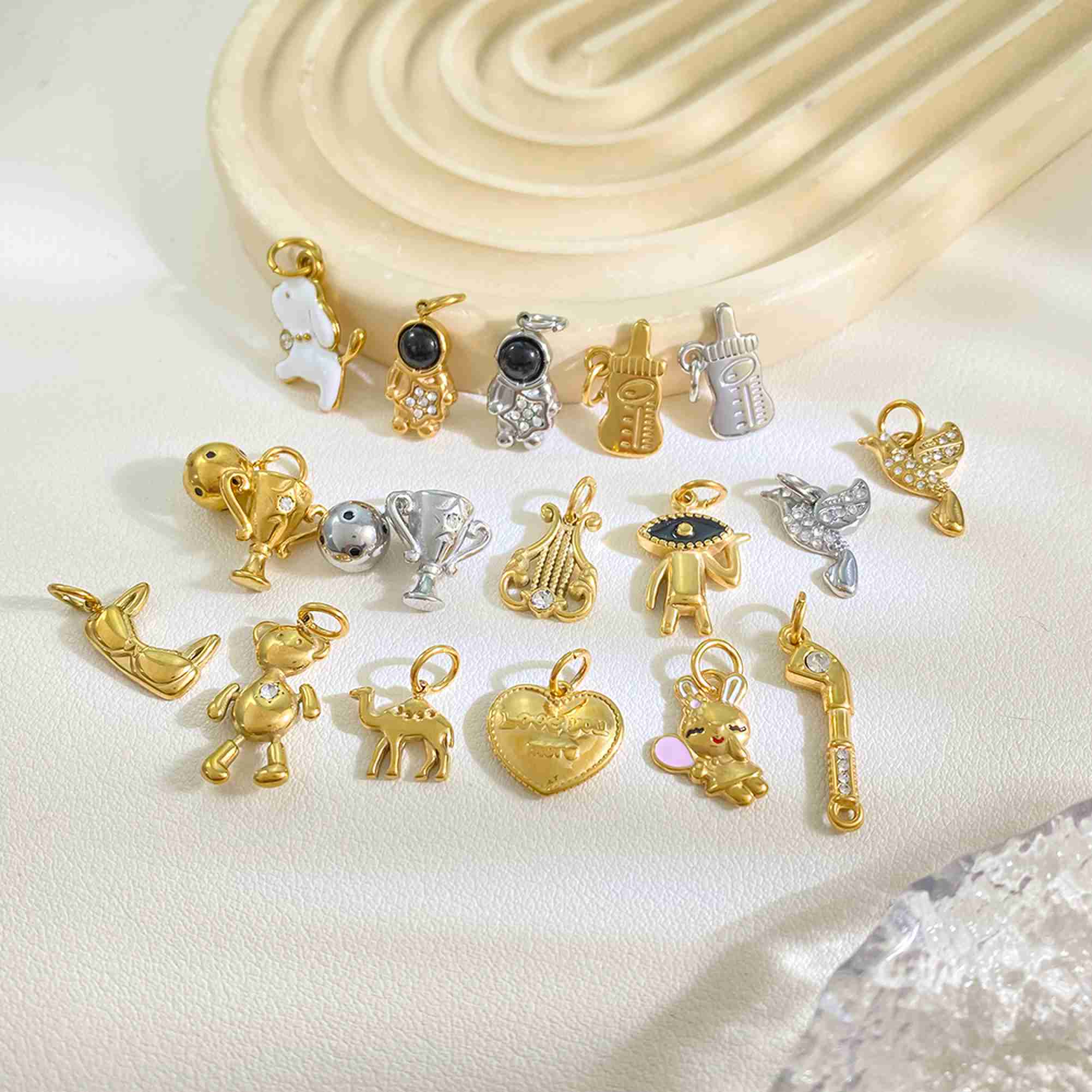 18K PVD Gold Plated Bear Dog Bottle Harp Trophy Astronaut Pendant DYO Cute Playful Animal Stainless Steel Charms Wholesale - Image 3