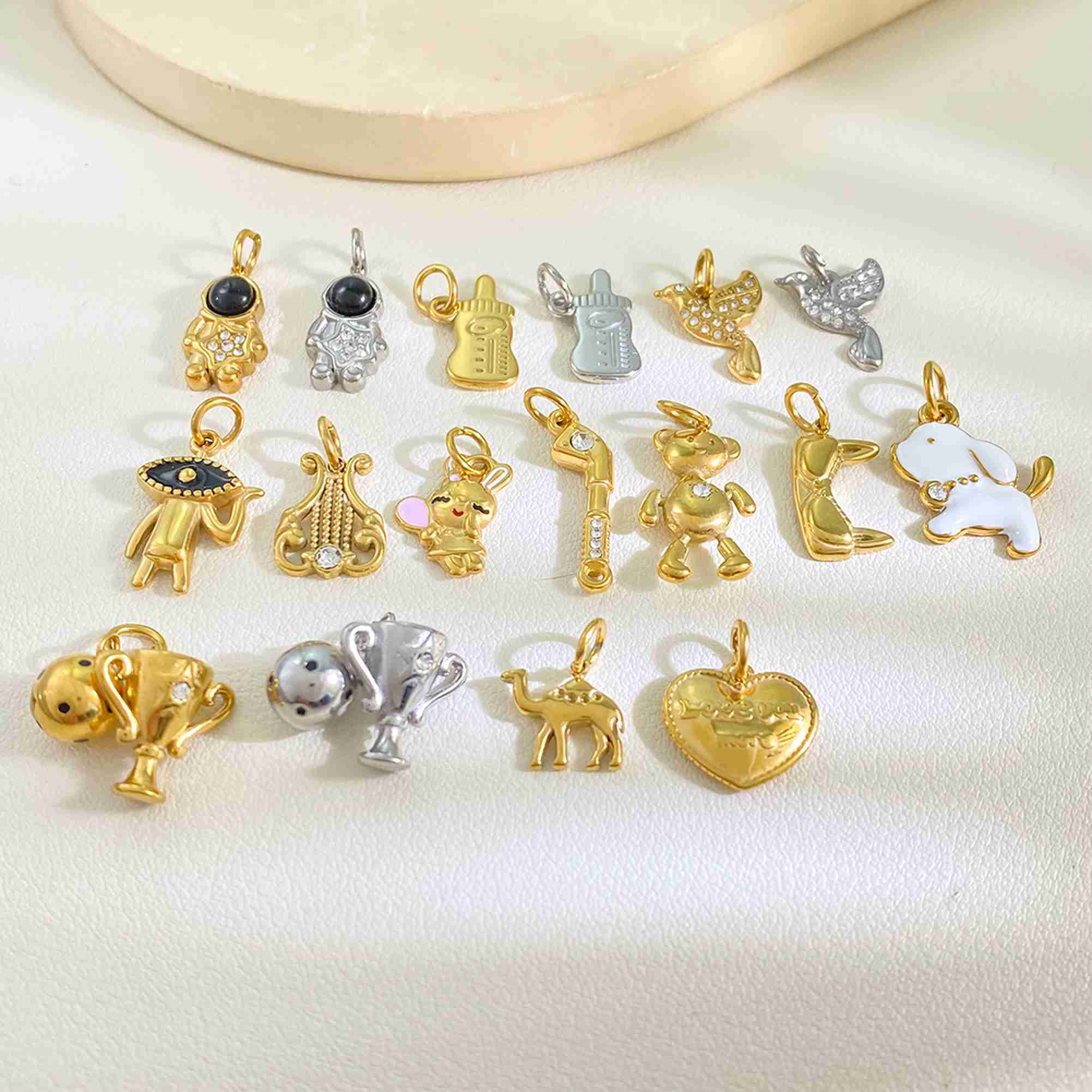 18K PVD Gold Plated Bear Dog Bottle Harp Trophy Astronaut Pendant DYO Cute Playful Animal Stainless Steel Charms Wholesale - Image 2