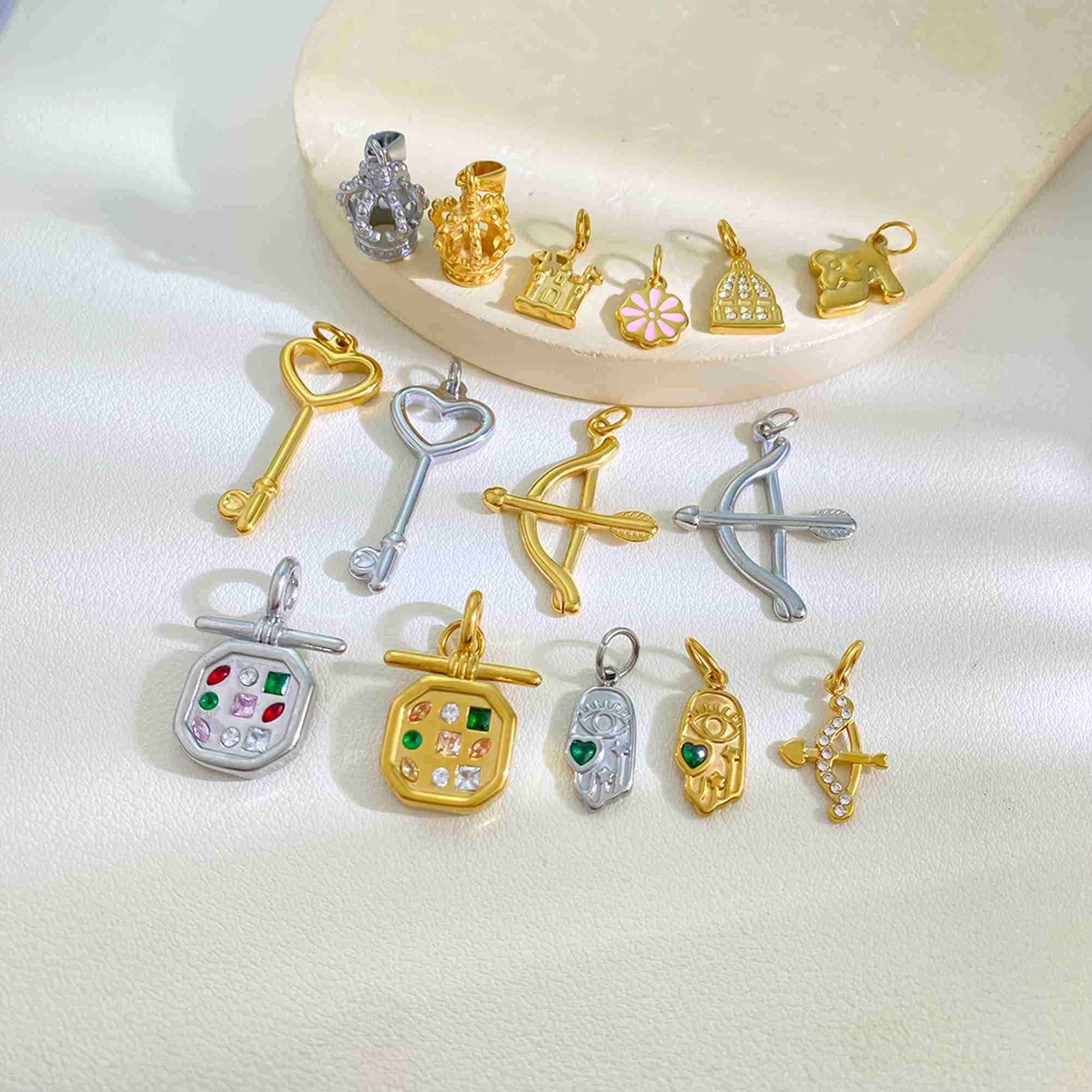 Stainless Steel Charms Wholesale Fairy Tale World Series Crown Bow and Arrow Castle Magic Key DIY Pendant Jewelry Accessories