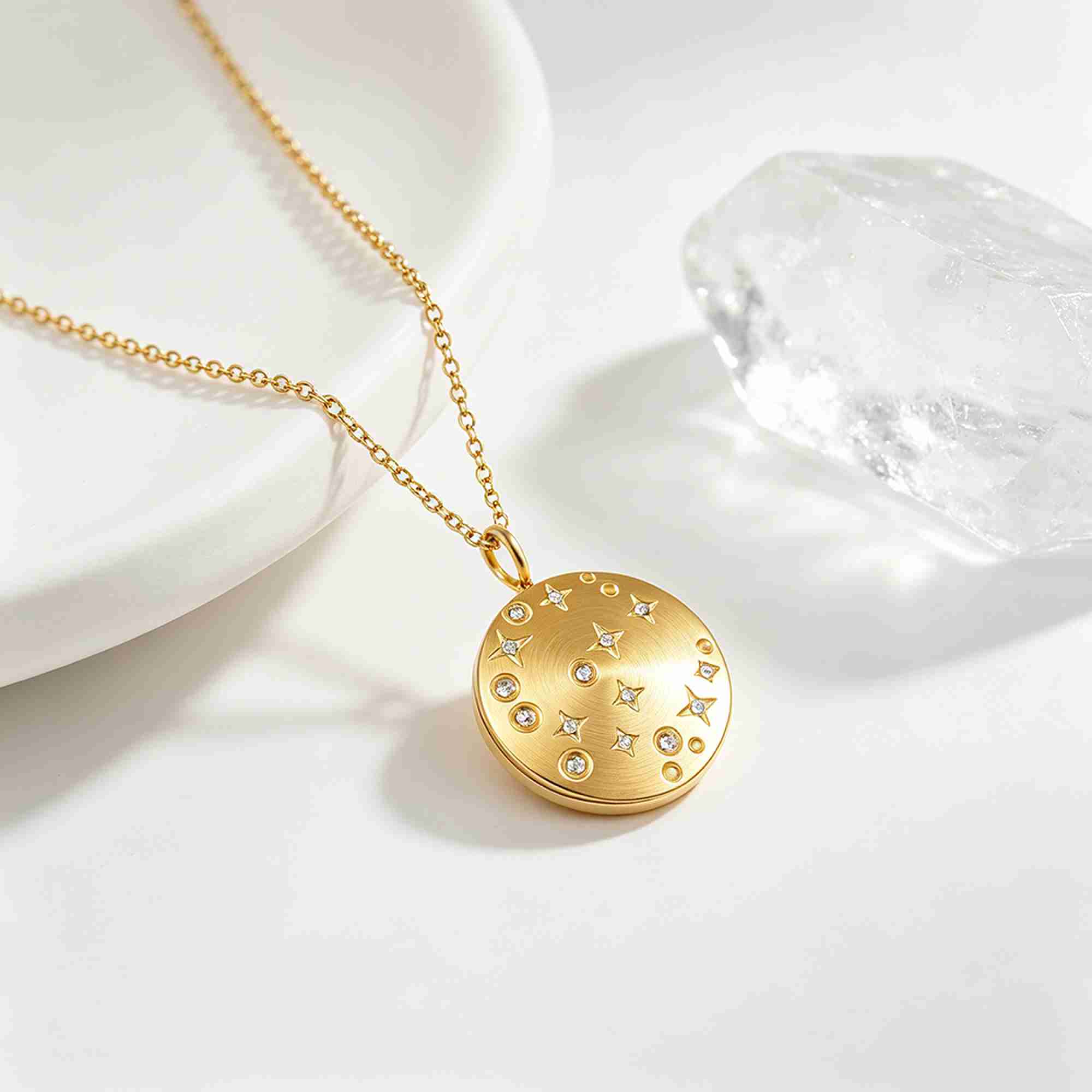 Wholesale Gold Plated Stainless Steel Zircon Starry Night Pendant Necklace Dainty Brushed Gold Round Disc Charm Necklace - Image 3