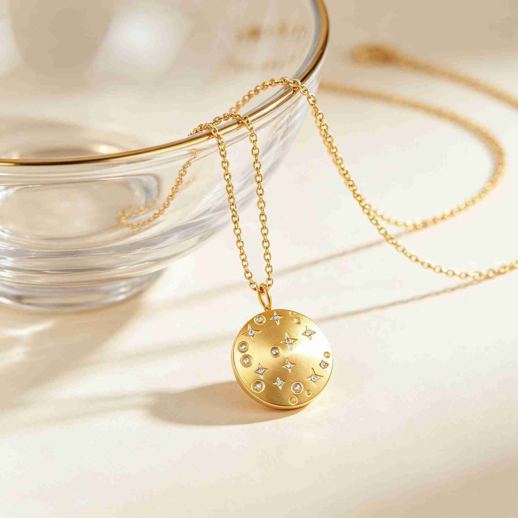 Wholesale Gold Plated Stainless Steel Zircon Starry Night Pendant Necklace Dainty Brushed Gold Round Disc Charm Necklace