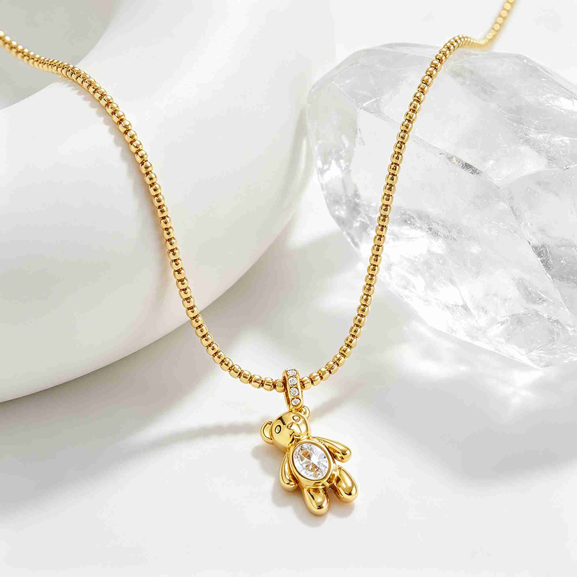 Wholesale Stainless Steel 18K Gold Plated Teddy Bear Pendant Necklace with Zircon Stone Eye Custom Logo Available - Image 3