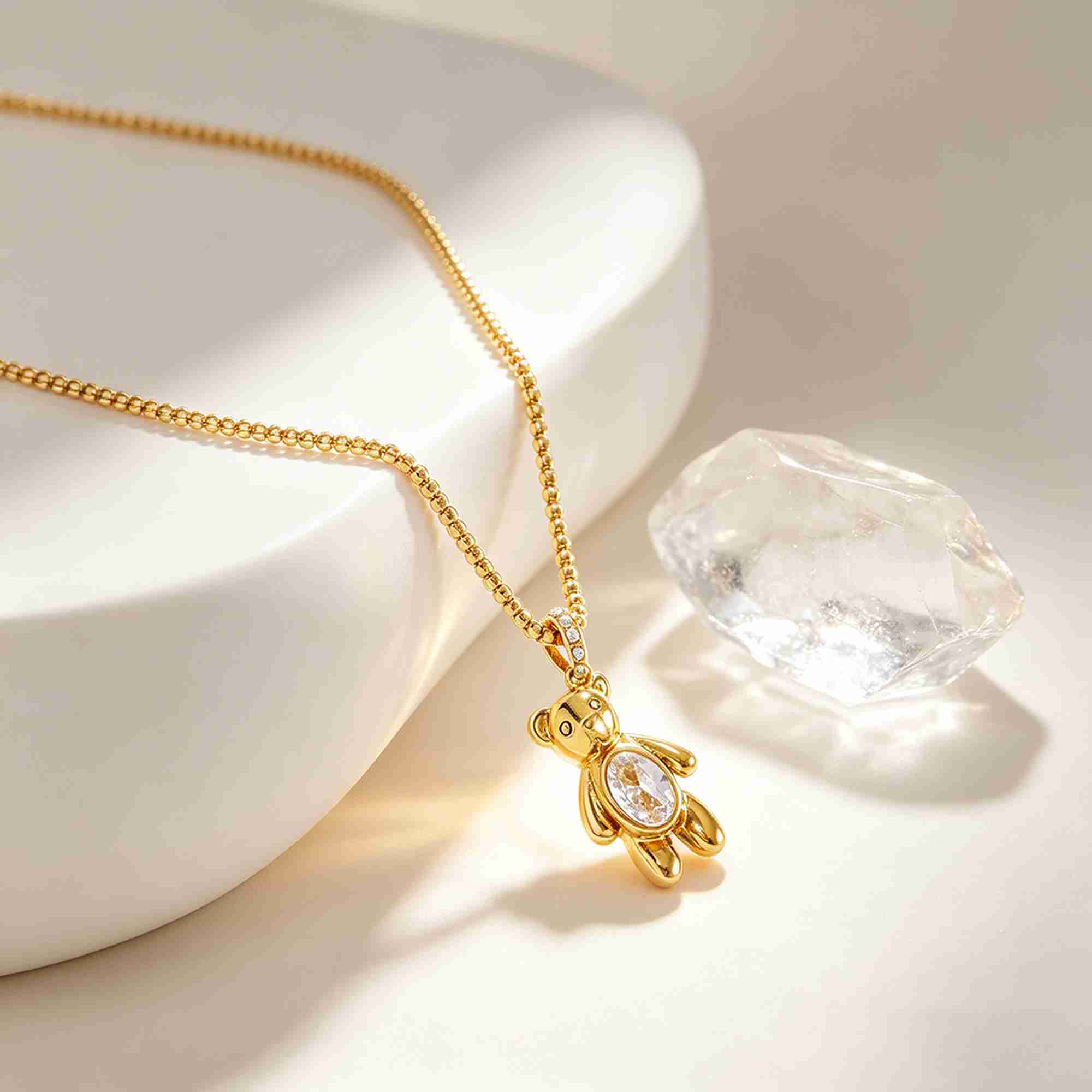 Wholesale Stainless Steel 18K Gold Plated Teddy Bear Pendant Necklace with Zircon Stone Eye Custom Logo Available