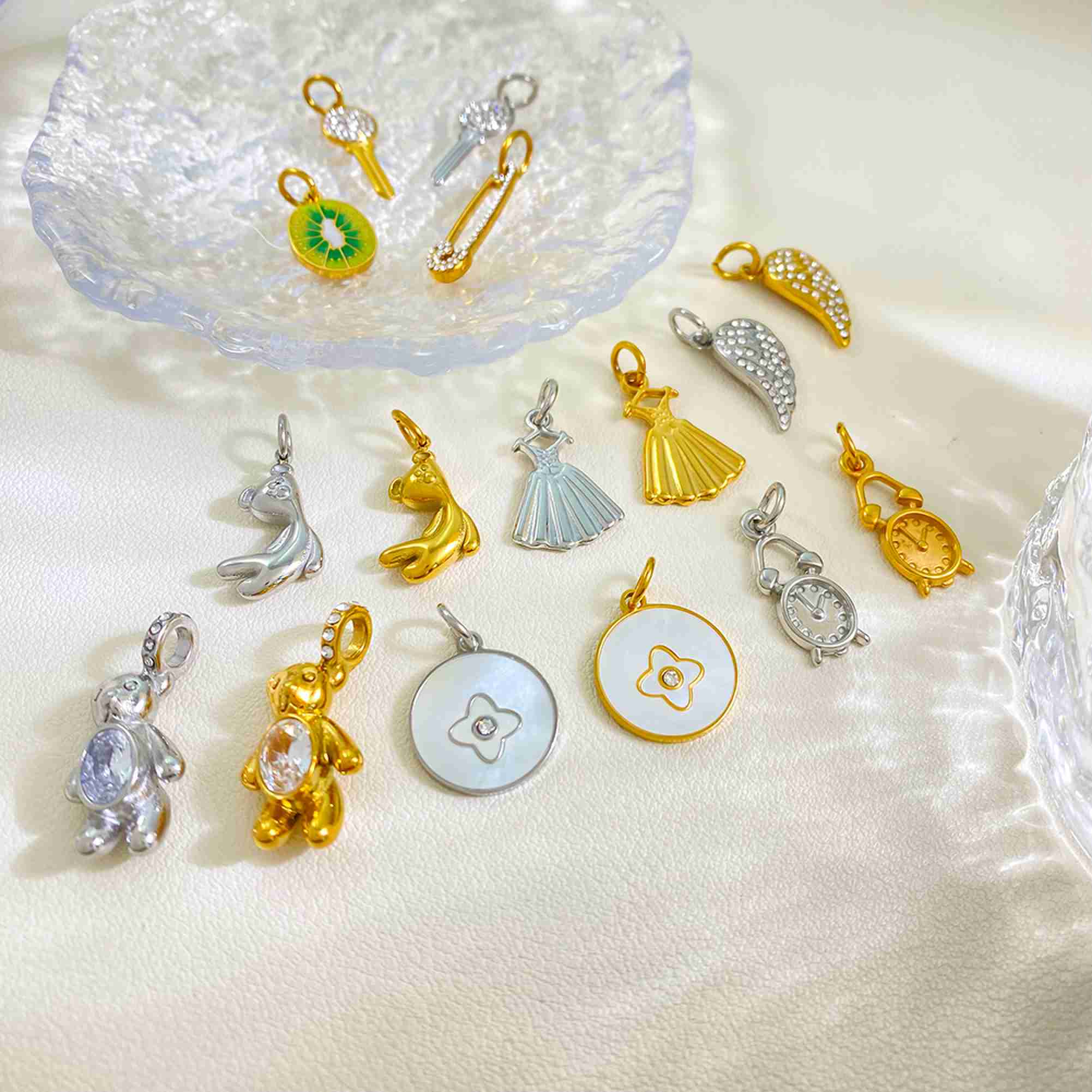 Zircon Enamel Bear Wing Dress Key Safety Pin Kiwi Clock 18k Gold Plated Stainless Steel Charms Wholesale for DIY Jewelry Making - Image 2