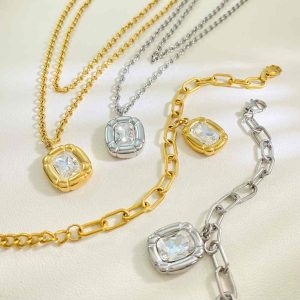 Stainless Steel Necklace Bracelet Jewelry Set Square CZ Pendant Gold Plated Paperclip Chain Tarnish Free Waterproof Wholesale