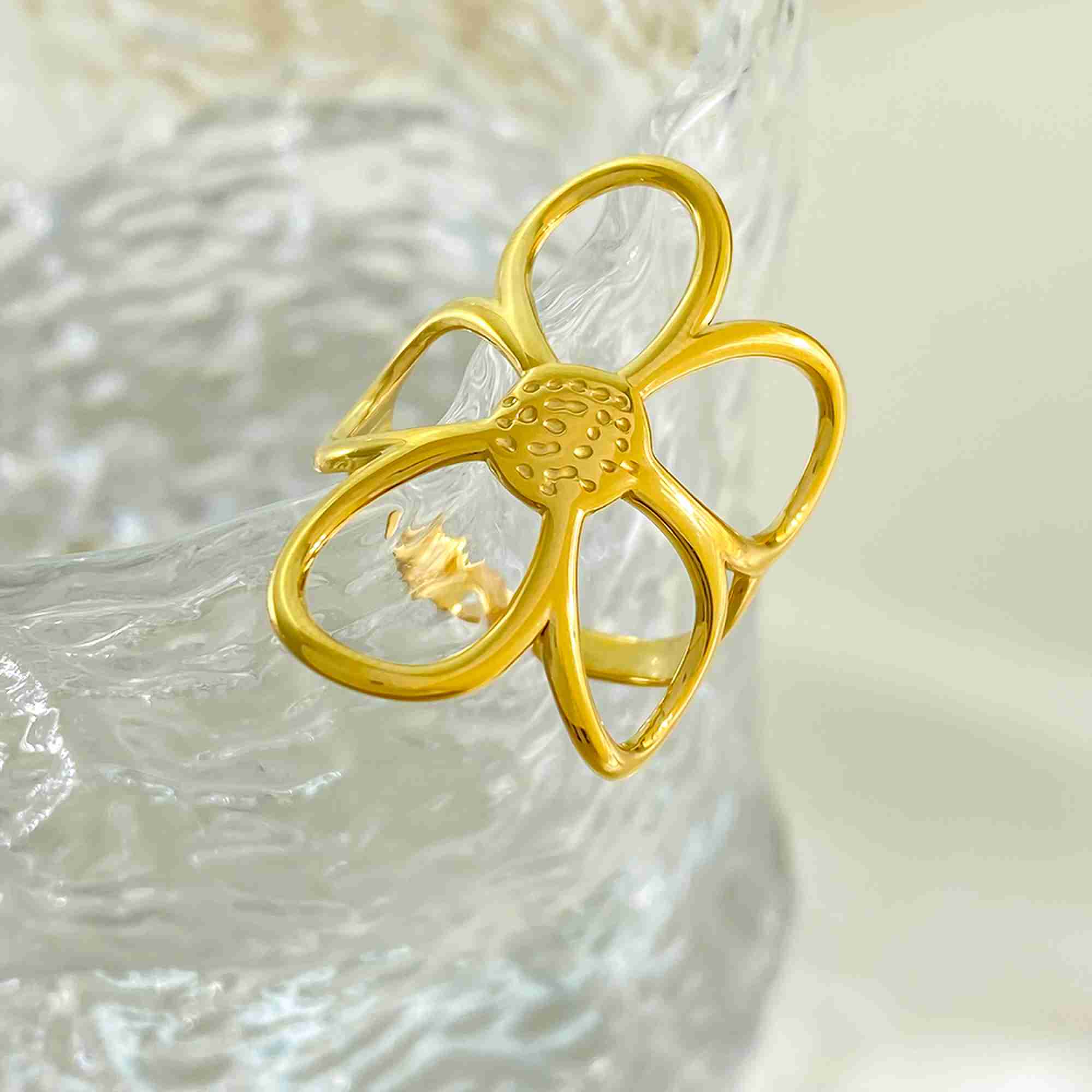 Trendy Gold Flower Ring for Women Stainless Steel Gold Plated Open Adjustable Ring Large Hollow Floral Statement Jewelry - Image 3
