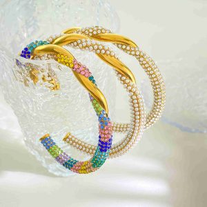 Luxury 18K Gold Plated Stainless Steel Open Cuff Bracelet Twisted Design Rainbow Zirconia & Pearls Statement Jewelry