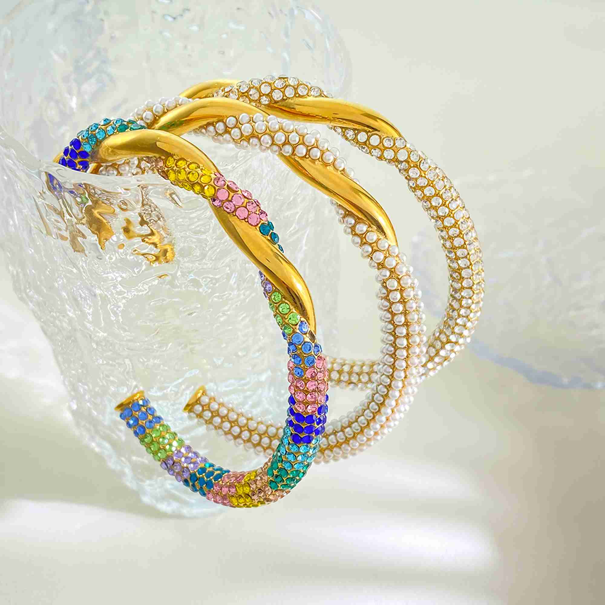 Luxury 18K Gold Plated Stainless Steel Open Cuff Bracelet Twisted Design Rainbow Zirconia & Pearls Statement Jewelry