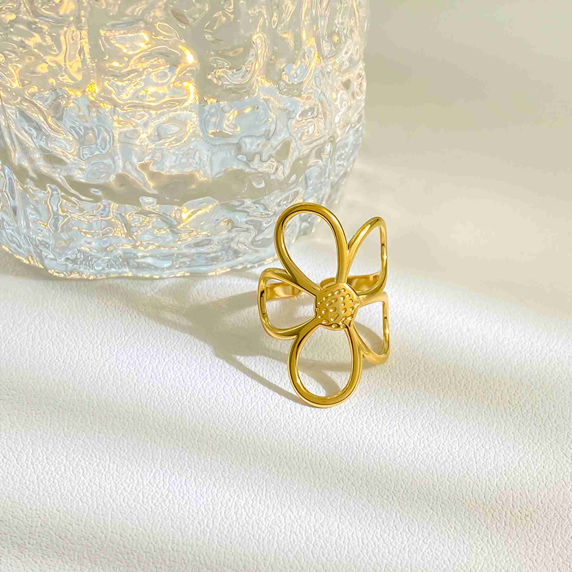 Trendy Gold Flower Ring for Women Stainless Steel Gold Plated Open Adjustable Ring Large Hollow Floral Statement Jewelry - Image 2