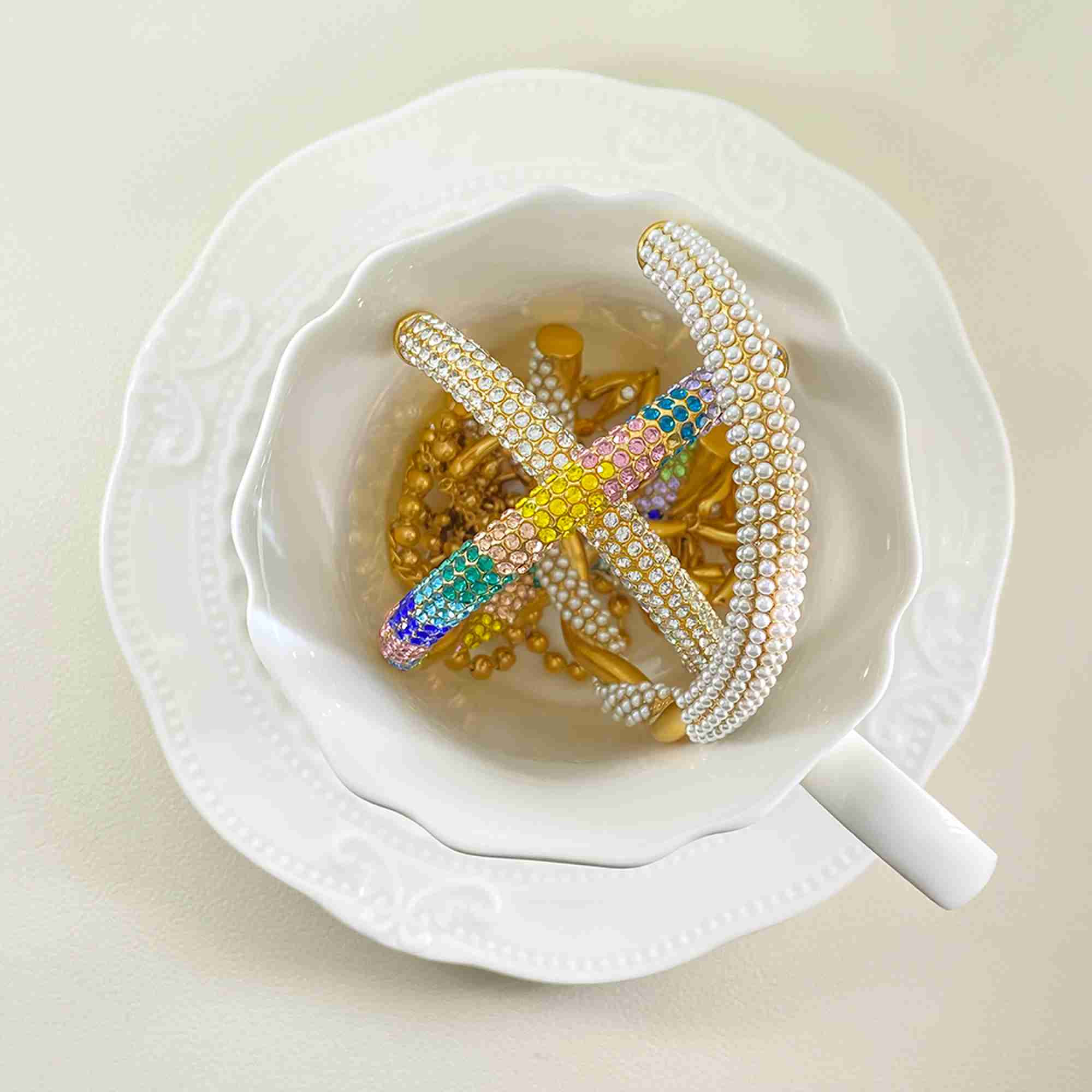 Luxury 18K Gold Plated Stainless Steel Open Cuff Bracelet Twisted Design Rainbow Zirconia & Pearls Statement Jewelry - Image 4
