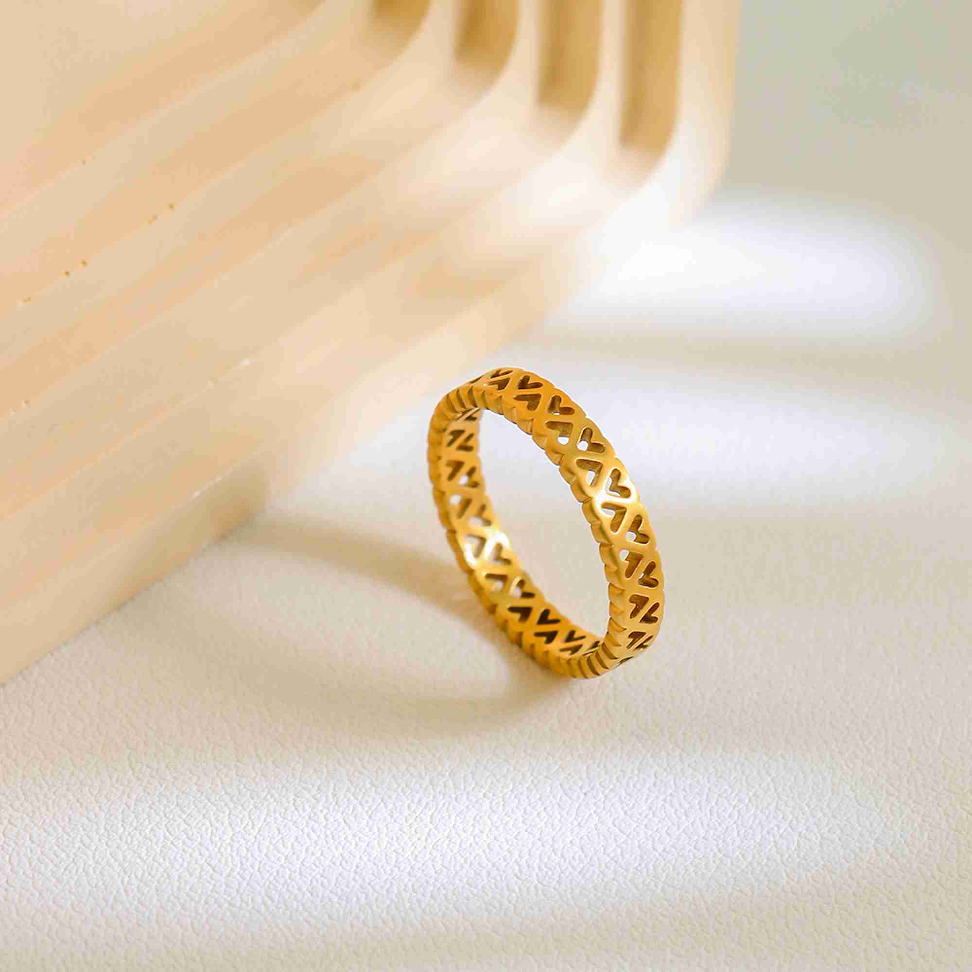 Gold Stainless Steel Hollow Heart Ring Romantic Love Shape Cutout Band Minimalist Stackable Rings Tarnish Free Wholesale Jewelry - Image 4