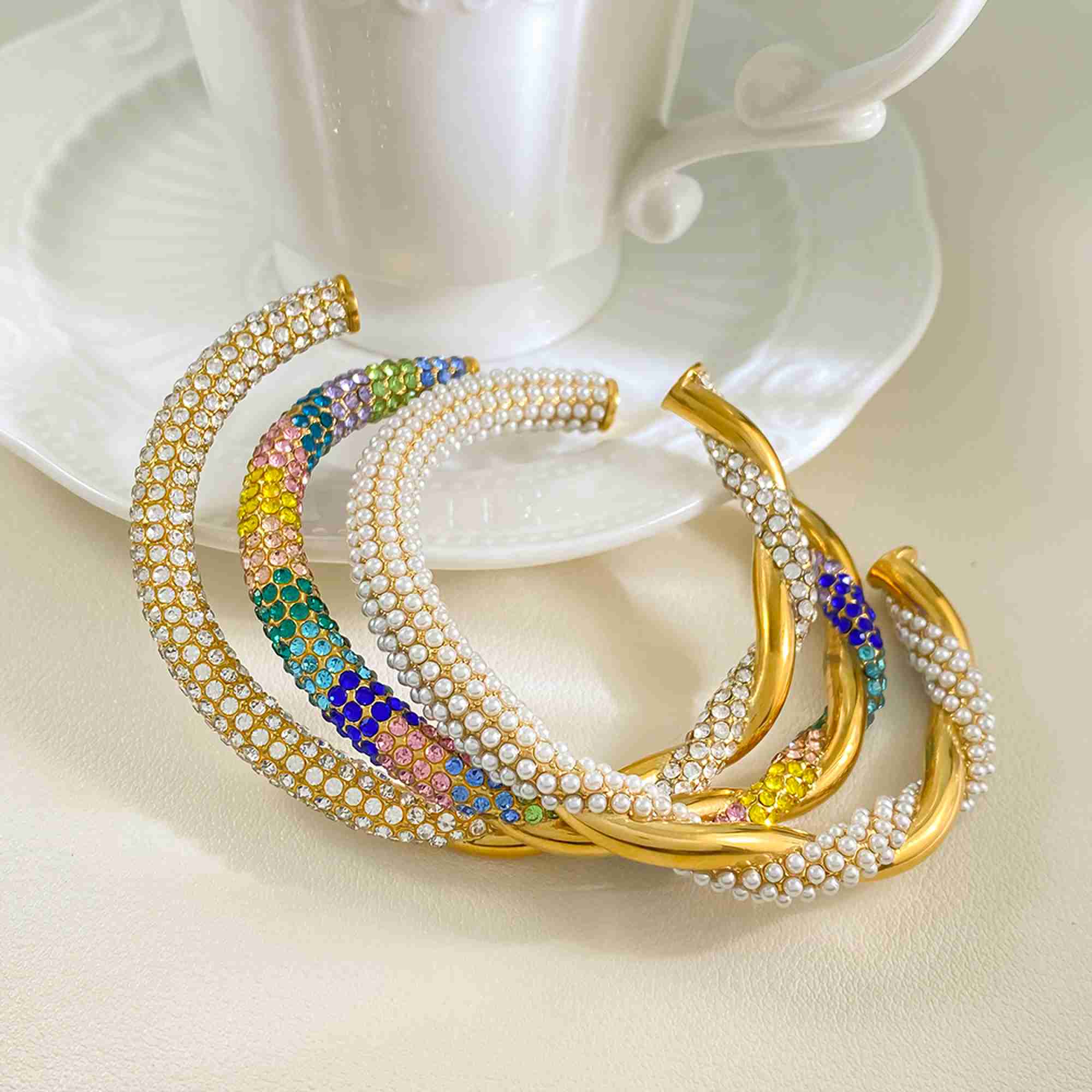 Luxury 18K Gold Plated Stainless Steel Open Cuff Bracelet Twisted Design Rainbow Zirconia & Pearls Statement Jewelry - Image 3