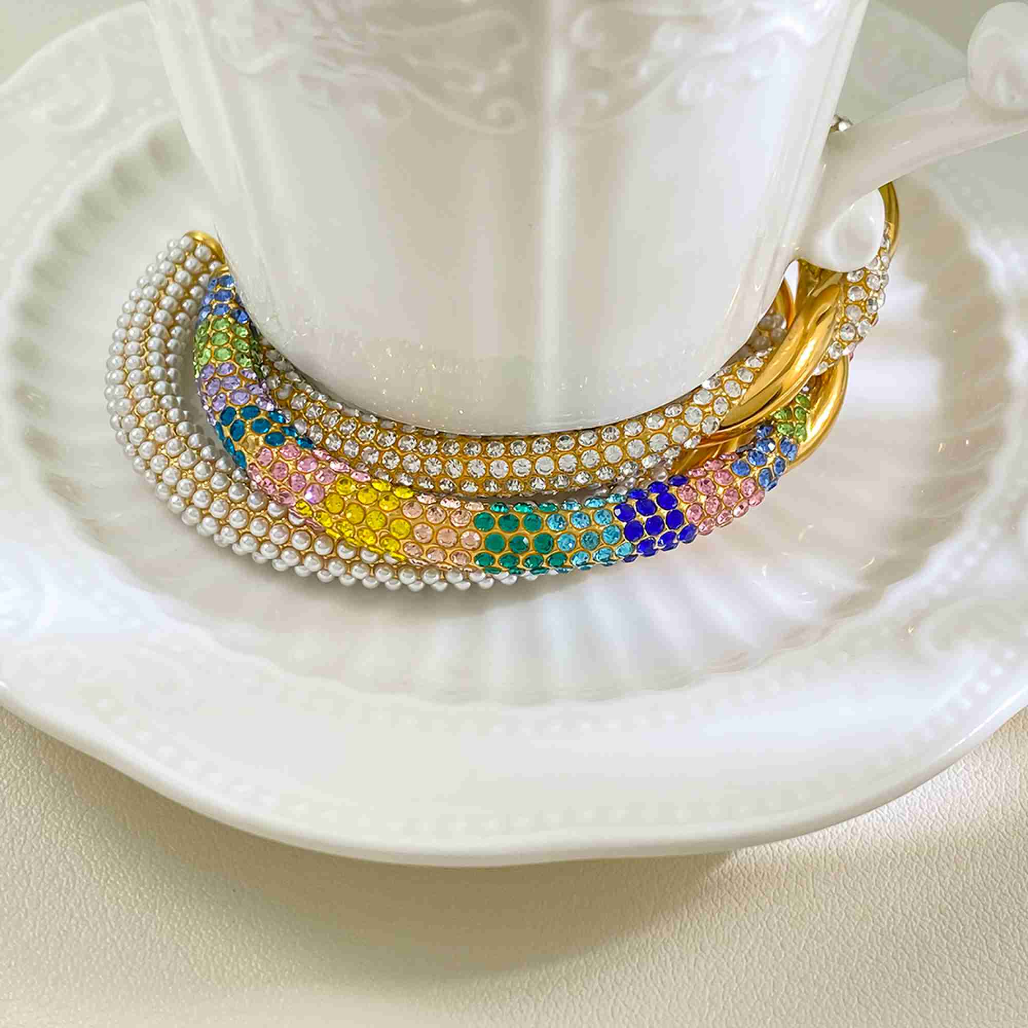 Luxury 18K Gold Plated Stainless Steel Open Cuff Bracelet Twisted Design Rainbow Zirconia & Pearls Statement Jewelry - Image 2