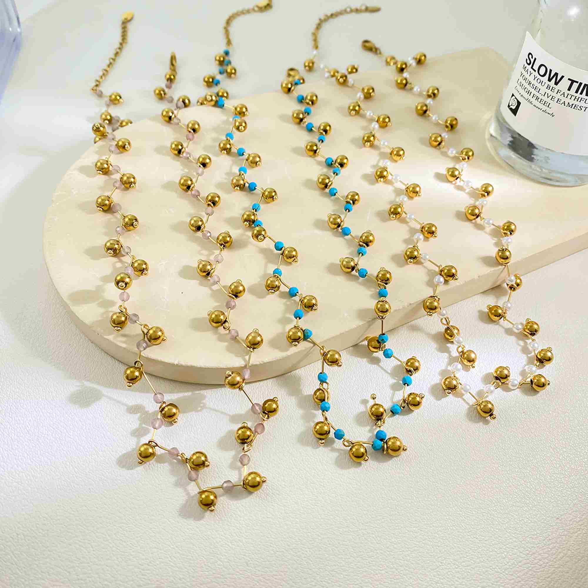Stainless Steel Gold Plated Colorful Beaded Necklace Chunky Rainbow Resin Stone Ball Chain Necklace Waterproof Jewelry Wholesale