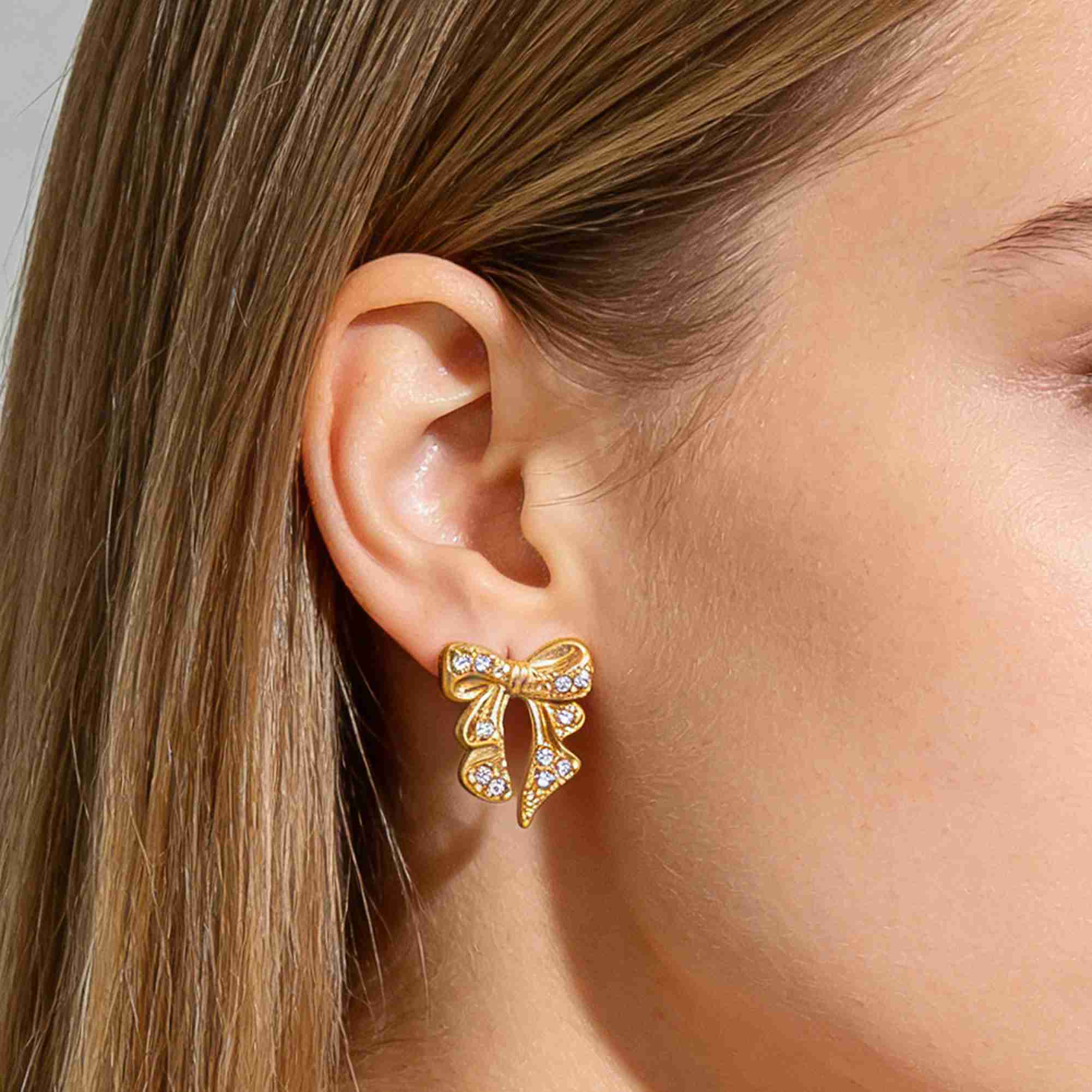 High Quality Stainless Steel Cubic Zirconia Bow Earrings Fashion Gold Plated Butterfly Knot Studs for Jewelry Wholesale - Image 4
