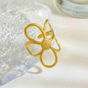 Trendy Gold Flower Ring for Women Stainless Steel Gold Plated Open Adjustable Ring Large Hollow Floral Statement Jewelry