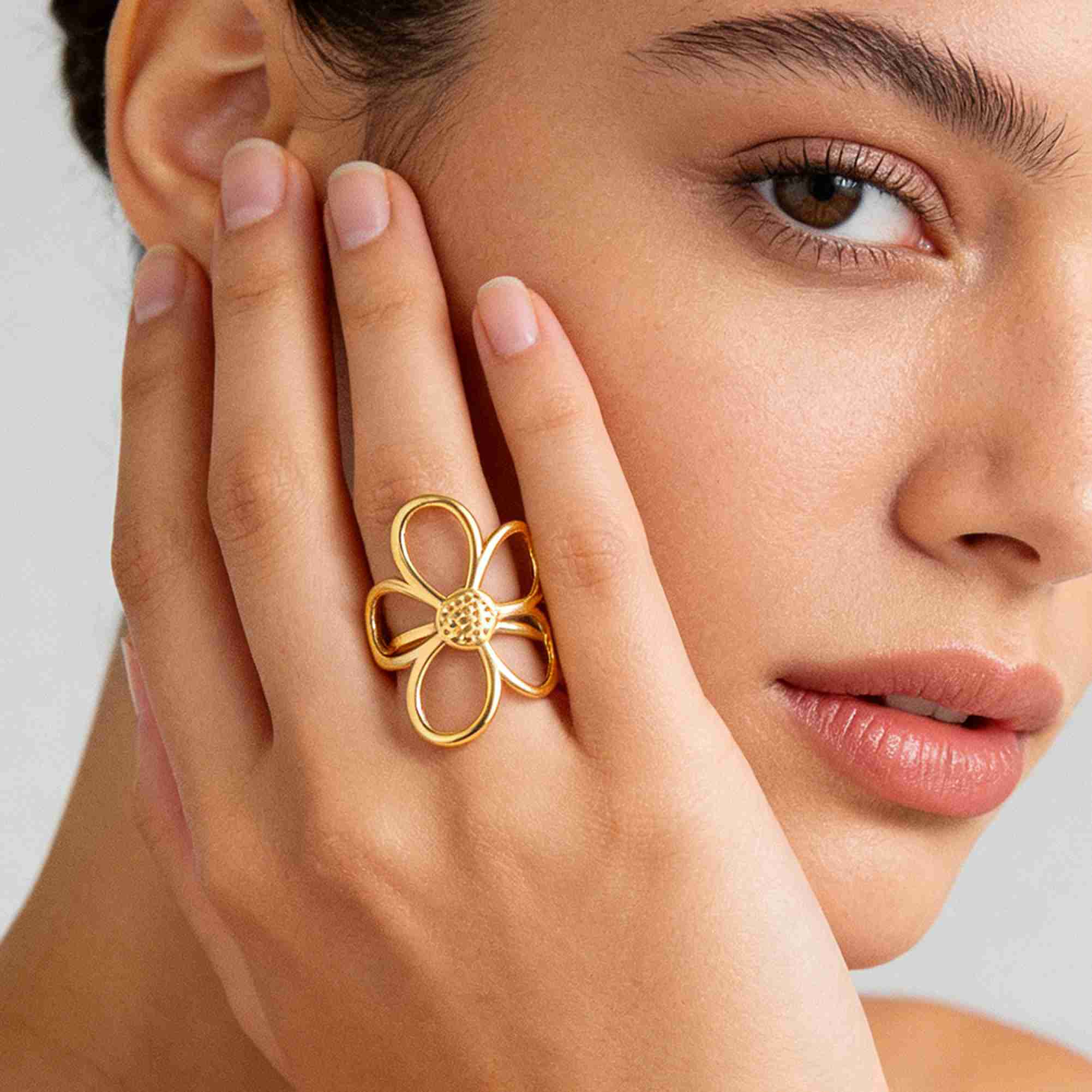 Trendy Gold Flower Ring for Women Stainless Steel Gold Plated Open Adjustable Ring Large Hollow Floral Statement Jewelry - Image 4
