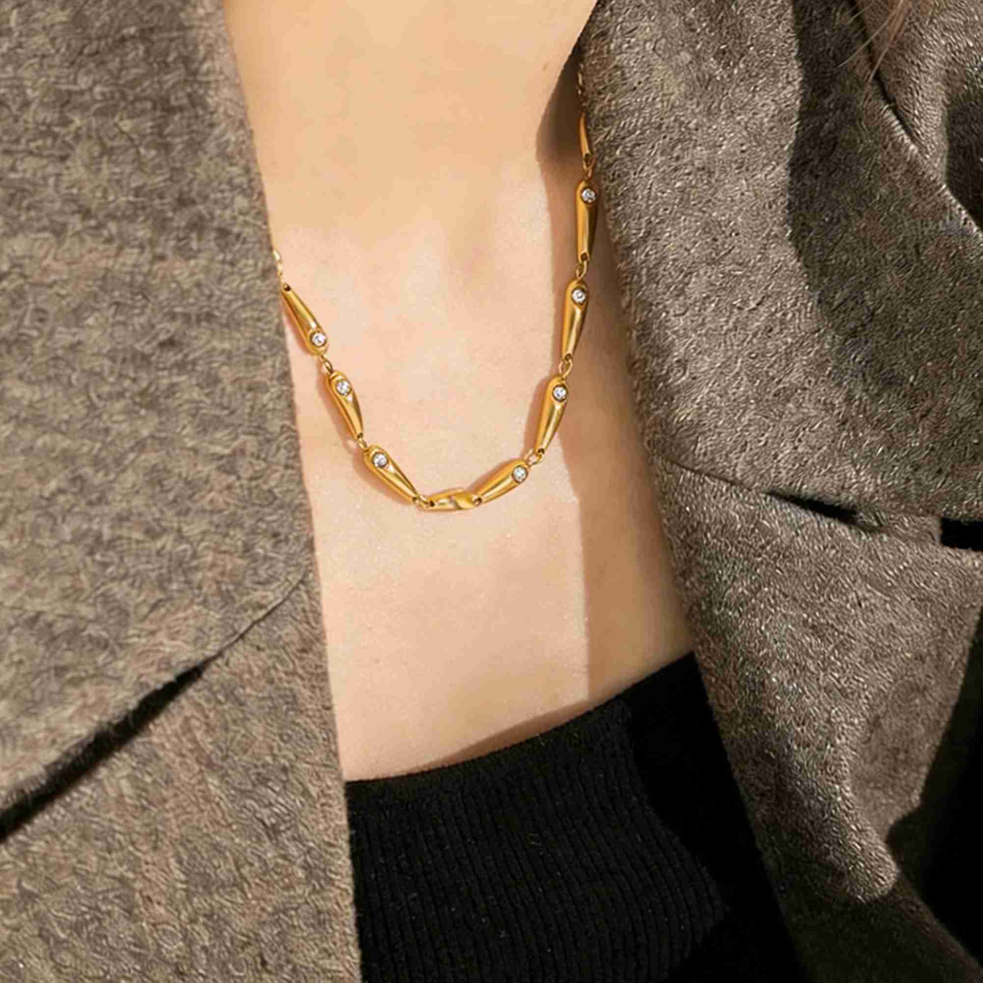 Stainless Steel 18K Gold Plated Bracelet Necklace Set Minimalist Teardrop Shape Zircon Fashion Waterproof Jewelry for Women - Image 5