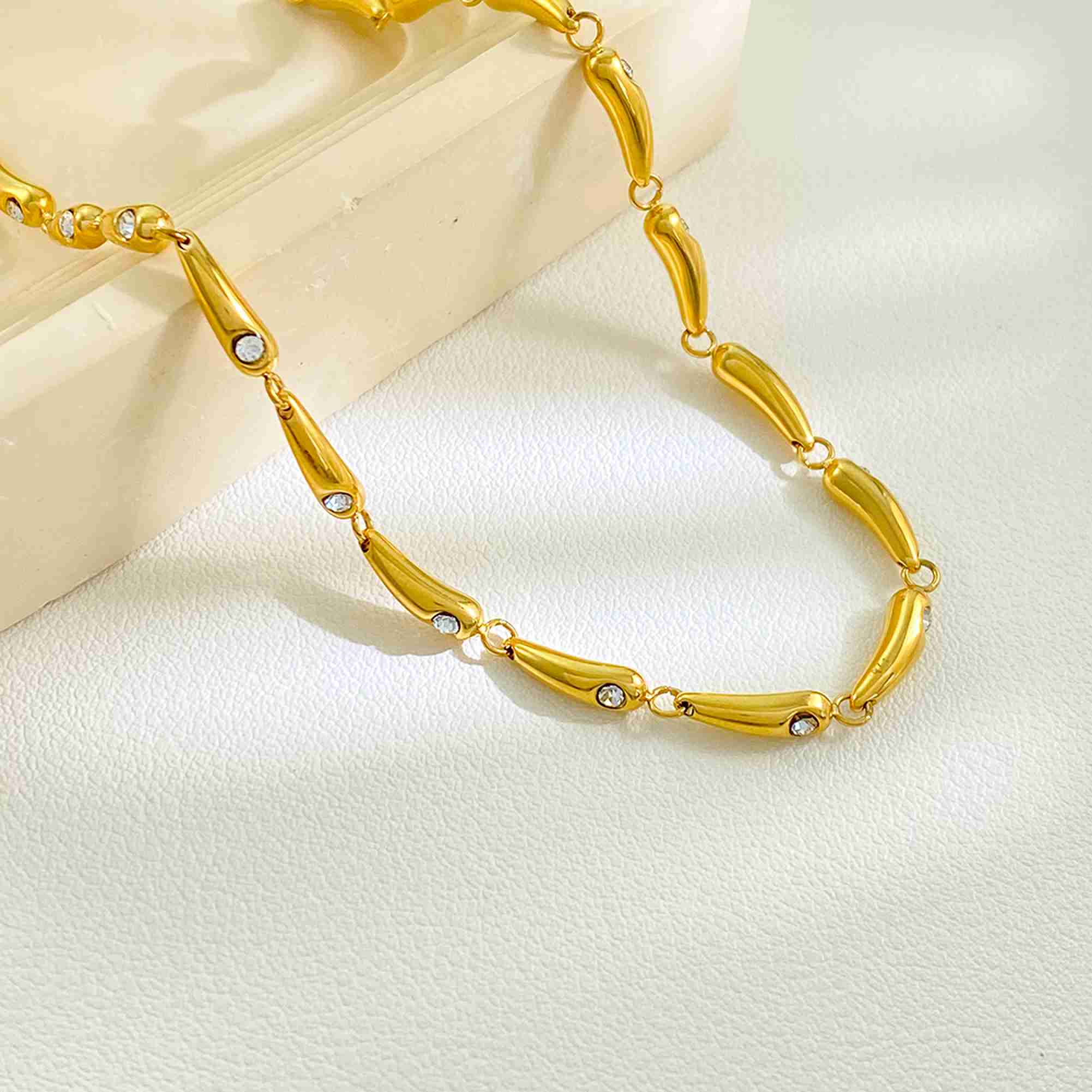 Stainless Steel 18K Gold Plated Bracelet Necklace Set Minimalist Teardrop Shape Zircon Fashion Waterproof Jewelry for Women - Image 2
