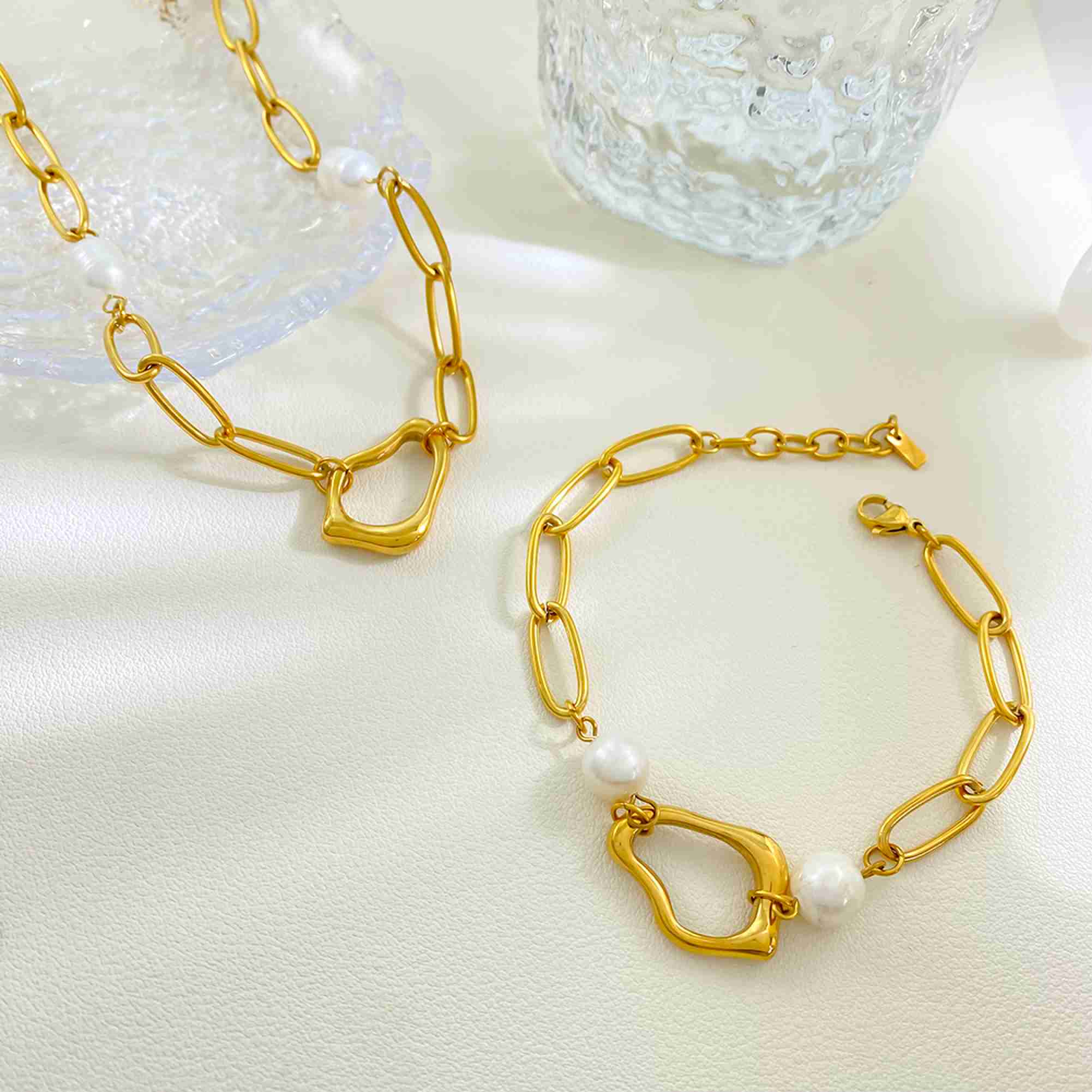 Stainless Steel Gold Plated Irregular Geometric Hollow Ring and Freshwater Pearl Paperclip Chain Necklace and Bracelet Set