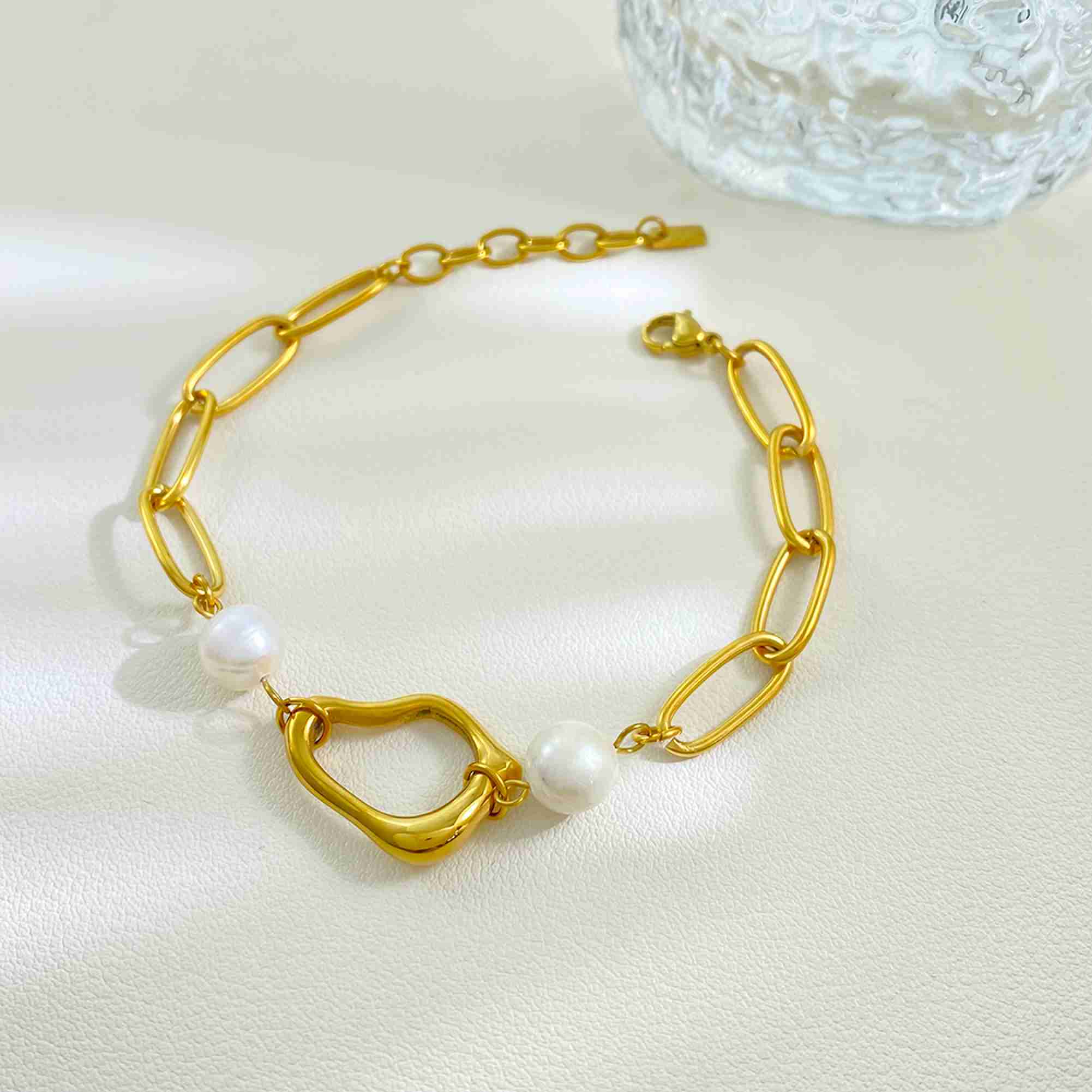 Stainless Steel Gold Plated Irregular Geometric Hollow Ring and Freshwater Pearl Paperclip Chain Necklace and Bracelet Set - Image 3