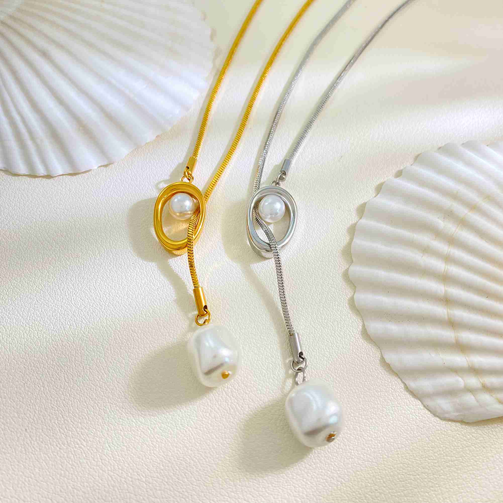 Stainless Steel Necklace Adjustable Snake Chain Baroque Pearl Drop & Ring Pendant Waterproof Hypoallergenic Jewelry Wholesale - Image 3