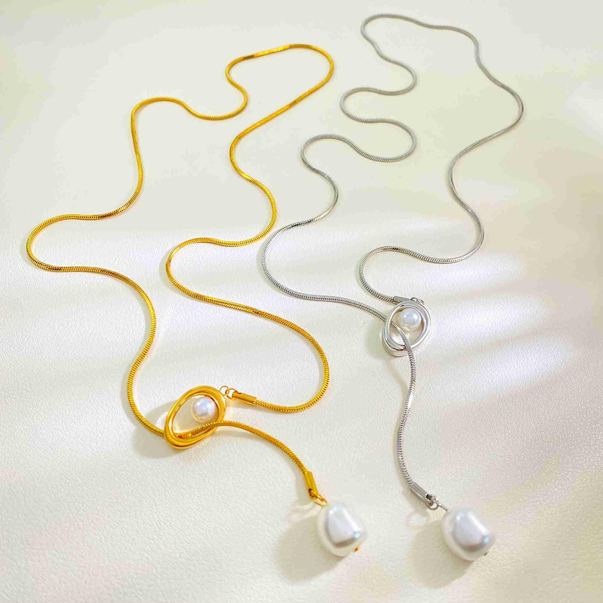 Stainless Steel Necklace Adjustable Snake Chain Baroque Pearl Drop & Ring Pendant Waterproof Hypoallergenic Jewelry Wholesale - Image 2