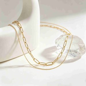 Fashion Gold Plated Double Layer Necklace Set Paperclip Chain and Satellite Bead Chain for Women
