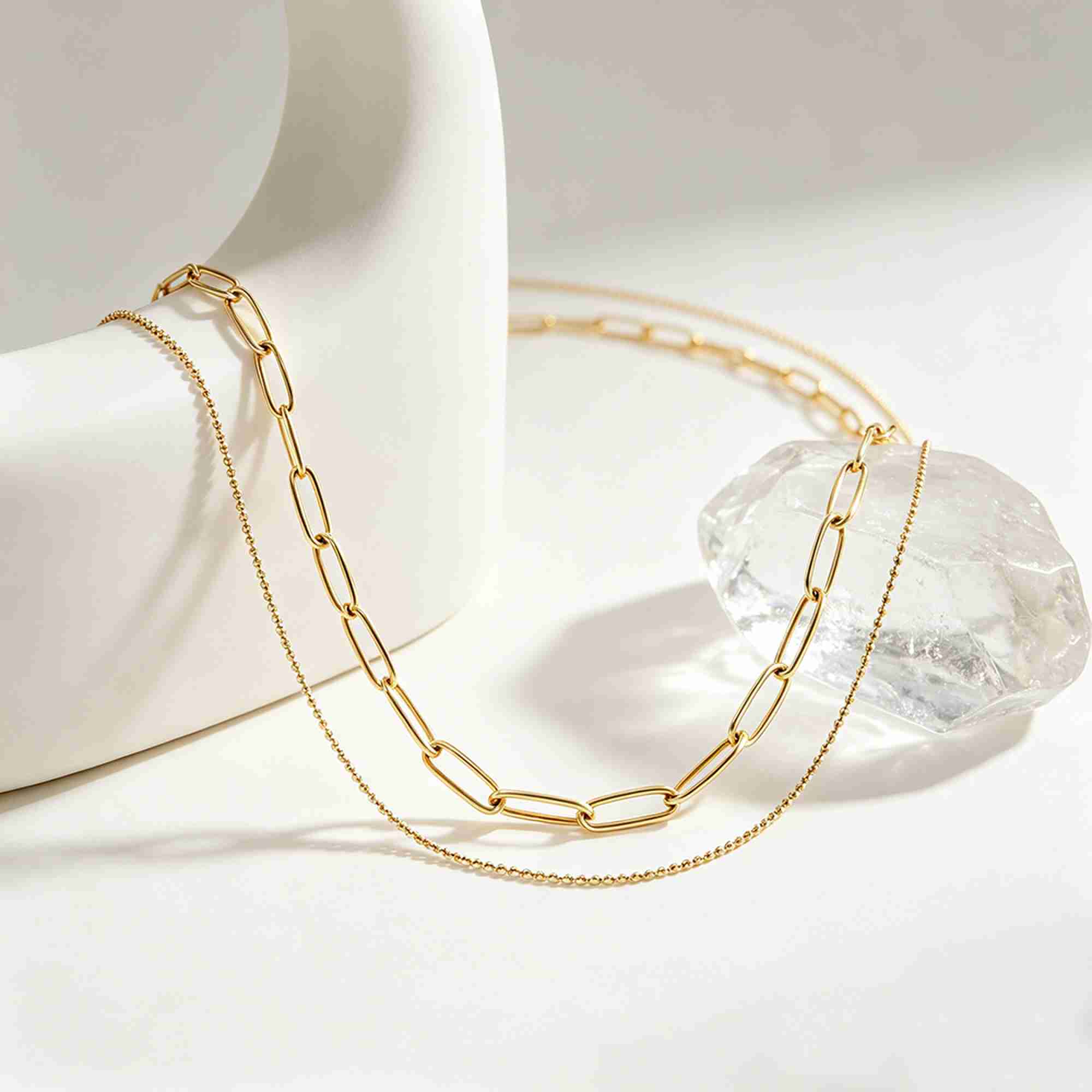 Fashion Gold Plated Double Layer Necklace Set Paperclip Chain and Satellite Bead Chain for Women
