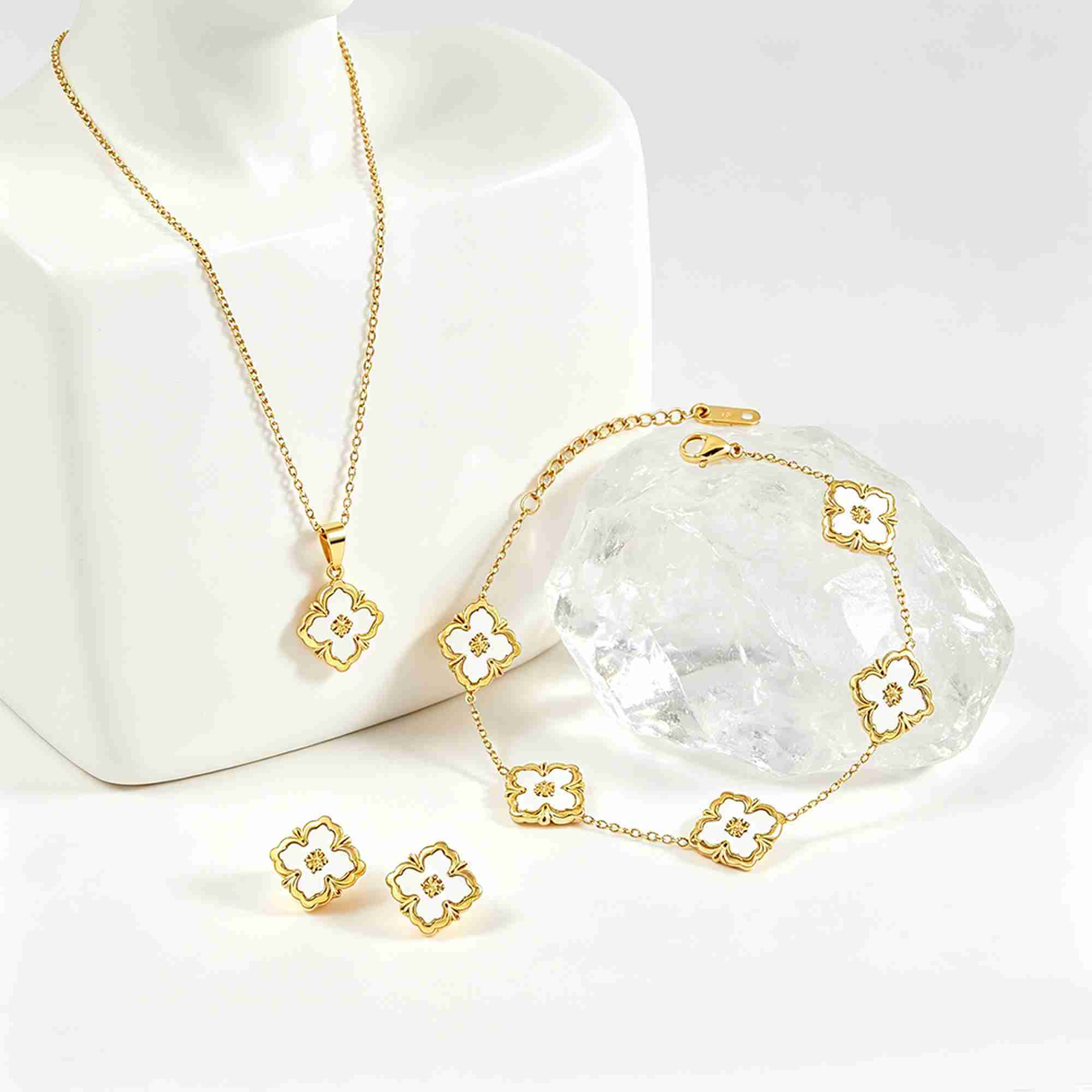 Stainless Steel Gold Plated White Enamel Flower Clover Necklace Bracelet Earrings Set Waterproof Fashion Jewelry Wholesale - Image 2