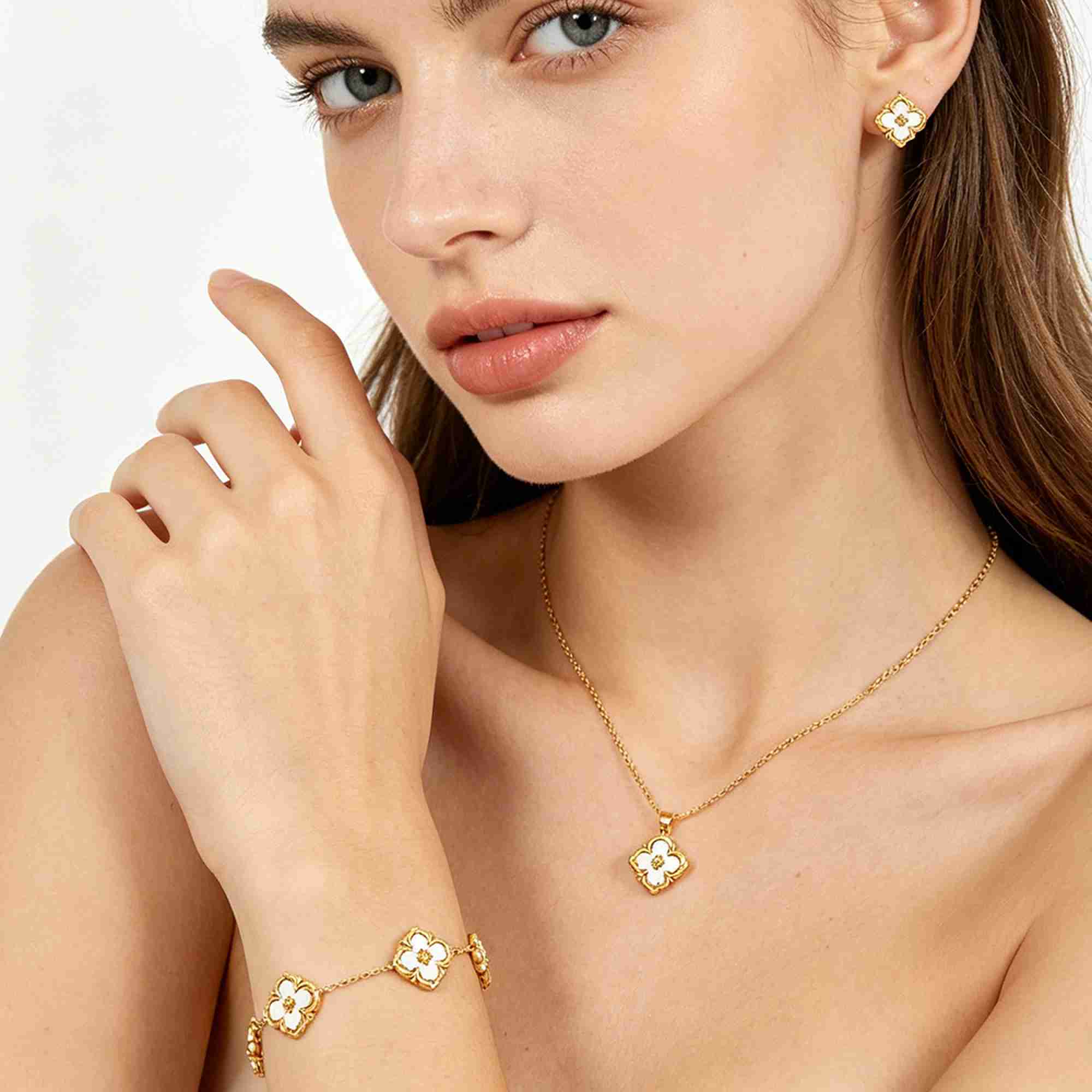 Stainless Steel Gold Plated White Enamel Flower Clover Necklace Bracelet Earrings Set Waterproof Fashion Jewelry Wholesale - Image 4