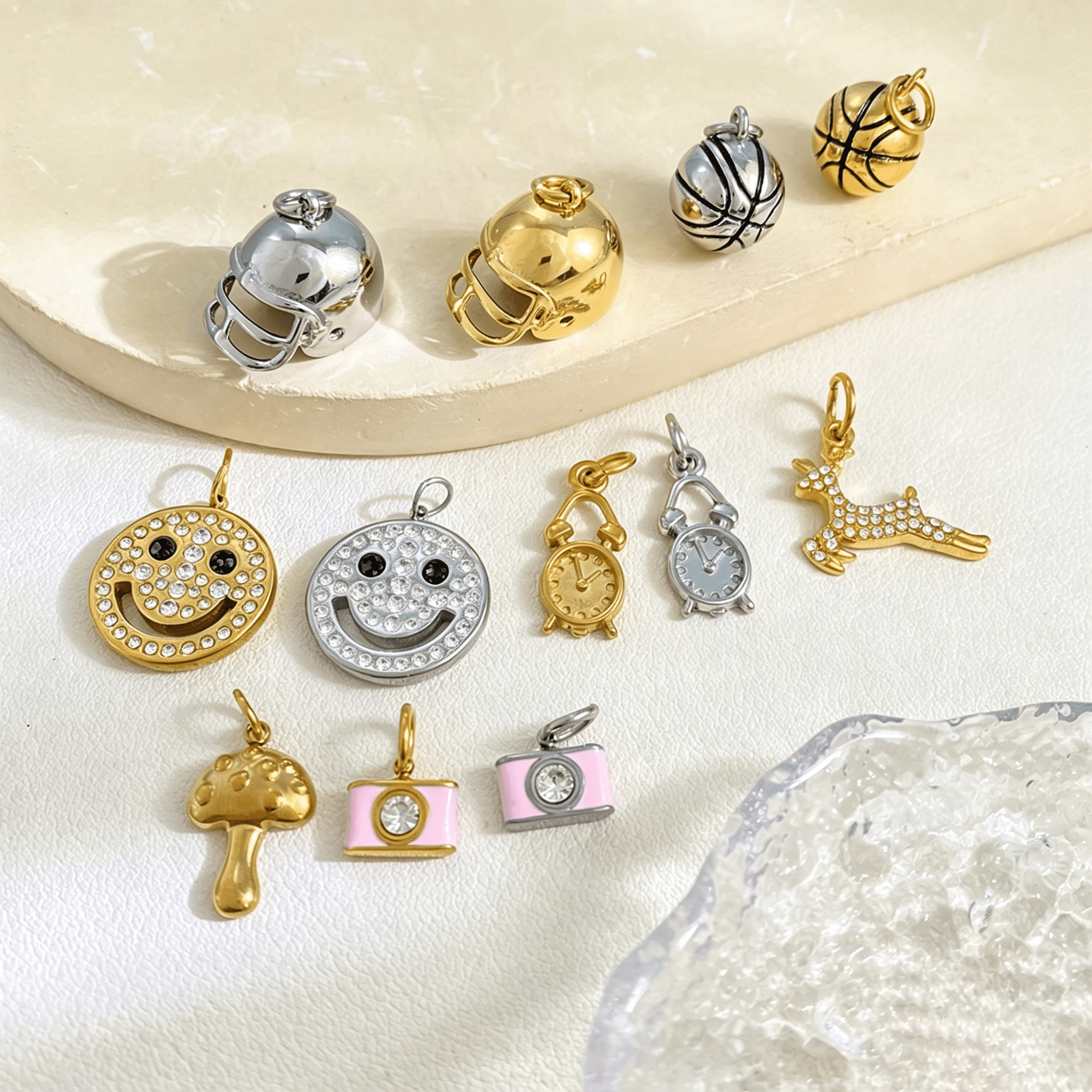 Sports Theme Charms Football Helmet Basketball Smiley Pendants for DIY Jewelry Gold Plated Stainless Steel Charms Wholesale