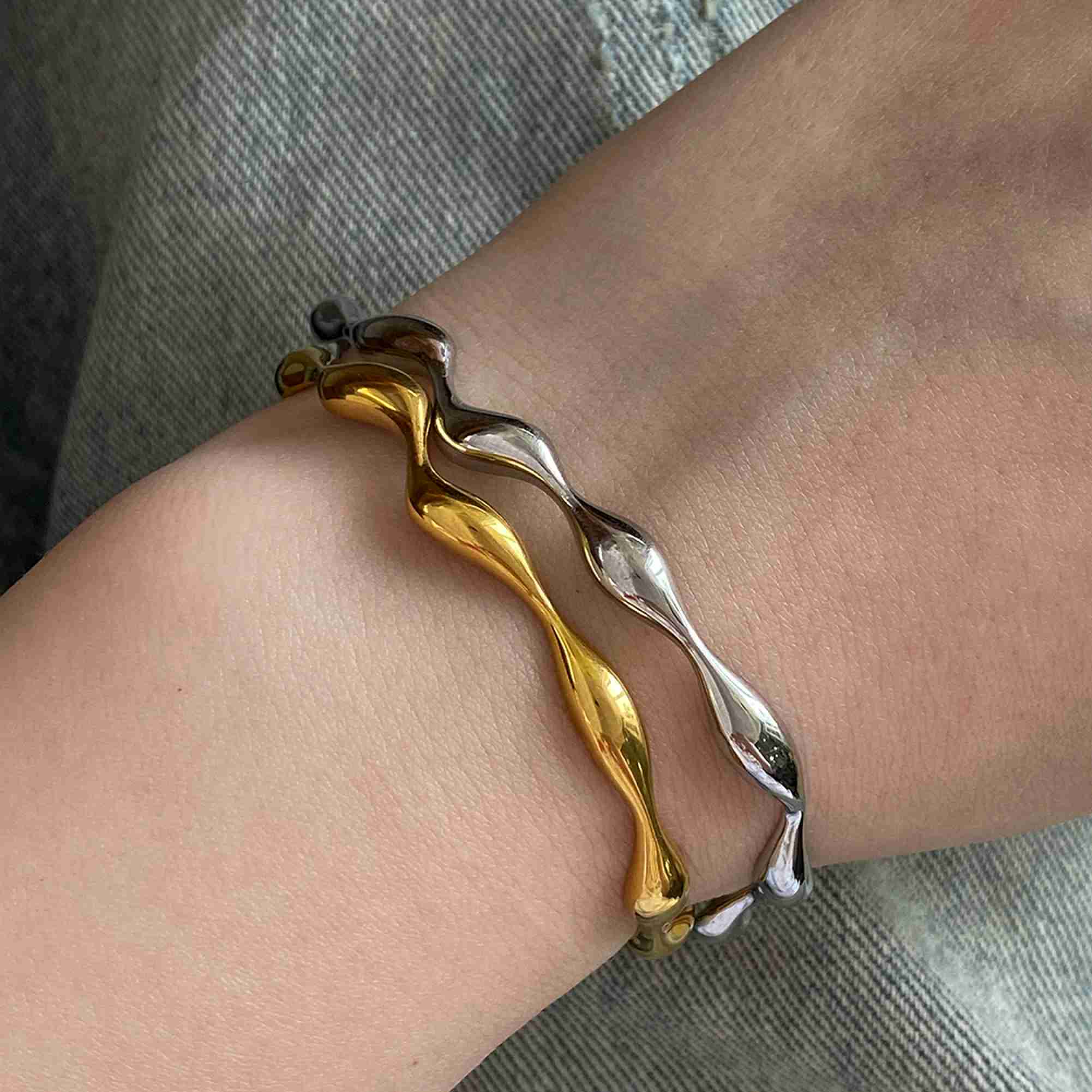 Dainty Gold Stainless Steel Wavy Bangle Irregular Liquid Flow Open Cuff Bracelet for Women Waterproof Fashion Jewelry - Image 4
