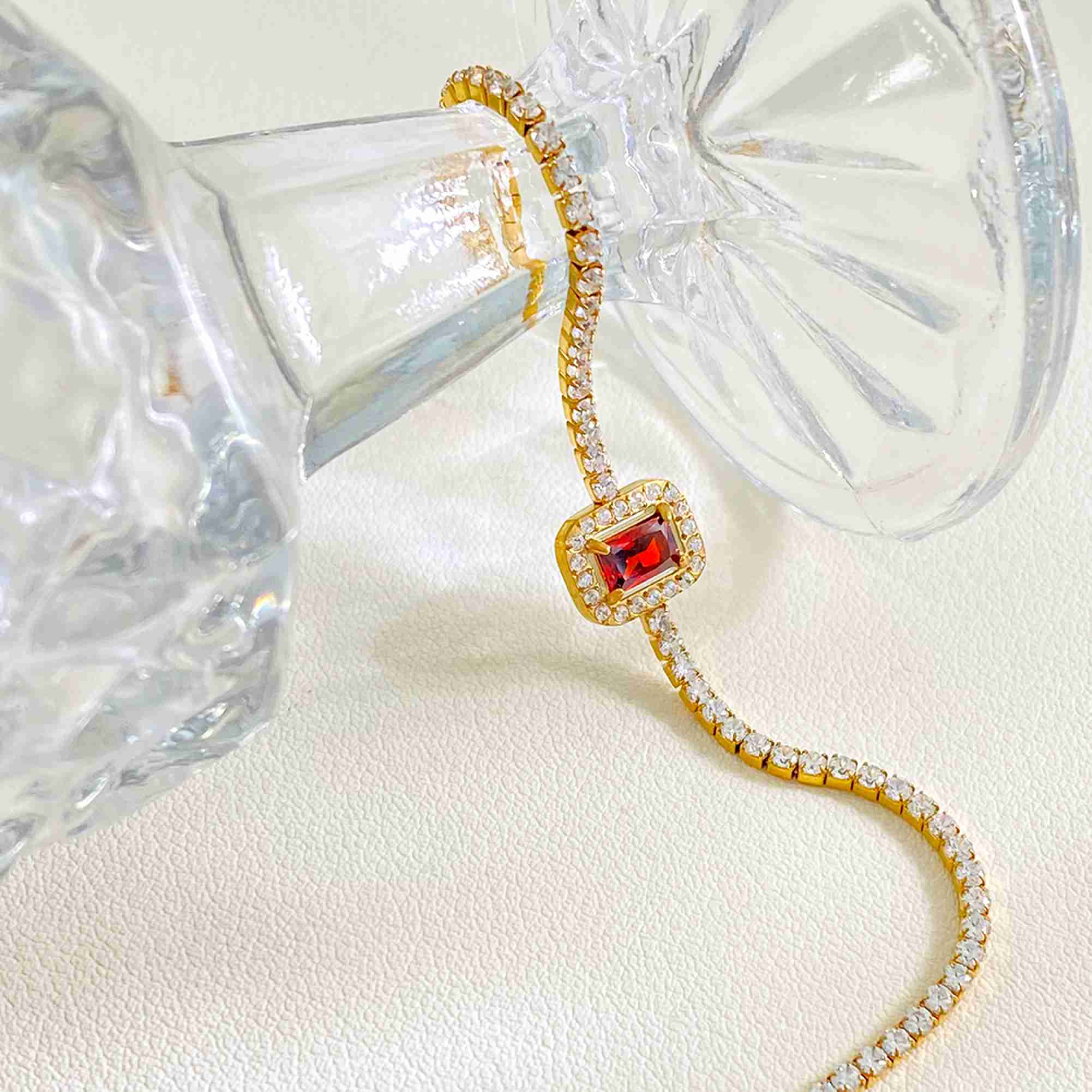Stainless Steel Tennis Bracelet with Red Emerald Cut Cubic Zircon Gold Plated CZ Halo Link Chain Bracelet for Women - Image 4