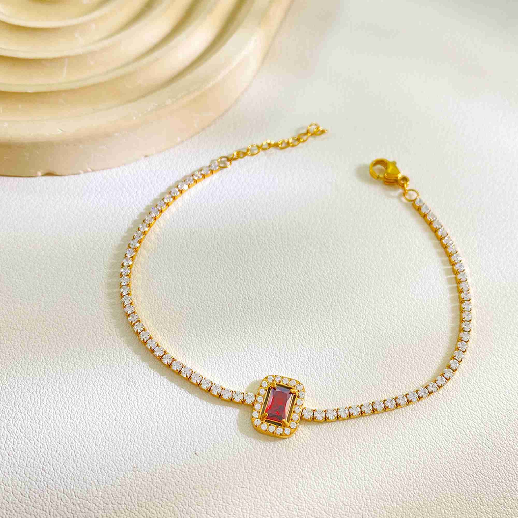 Stainless Steel Tennis Bracelet with Red Emerald Cut Cubic Zircon Gold Plated CZ Halo Link Chain Bracelet for Women