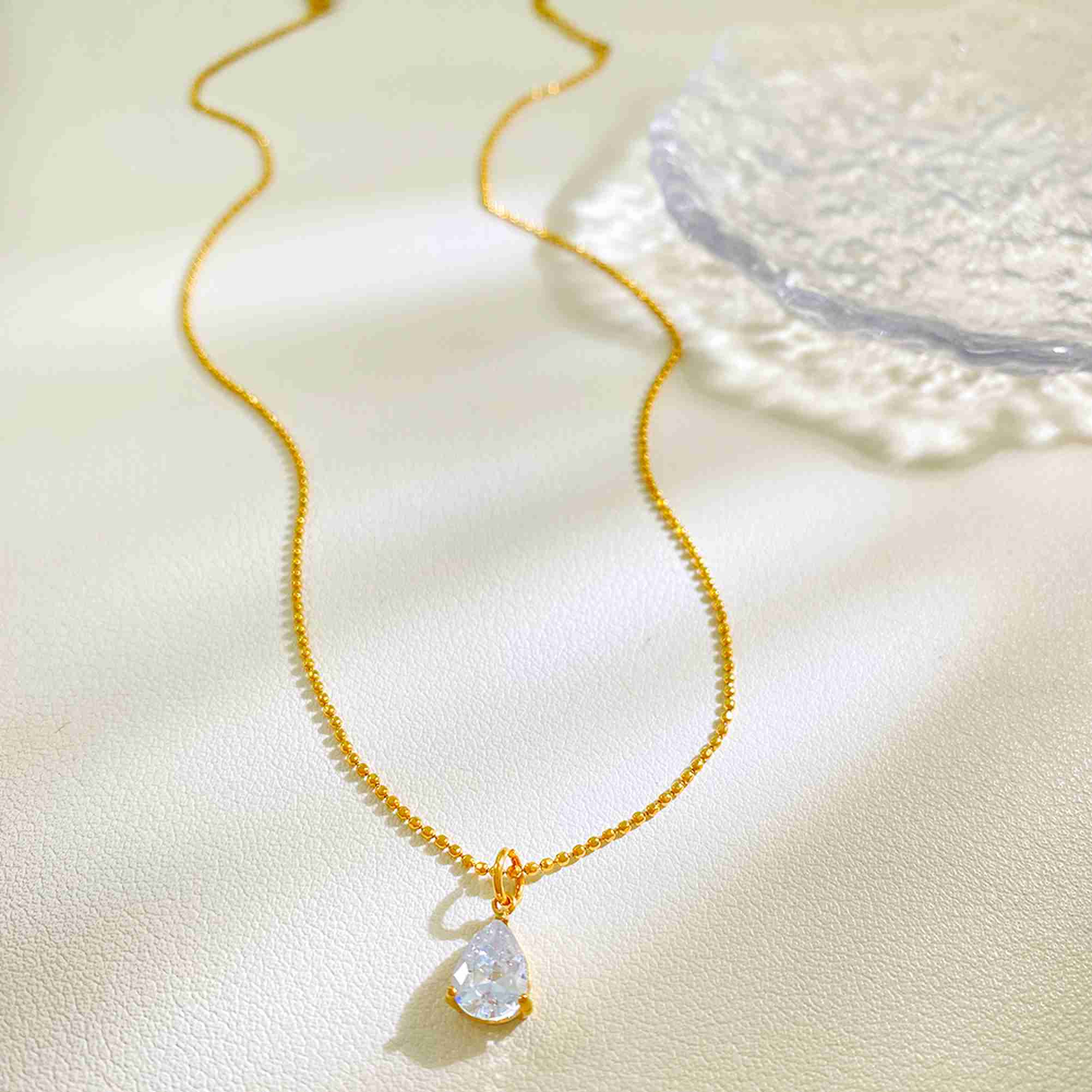 18K Gold Plated Teardrop Zircon Pendant Necklace Dainty Bead Ball Chain Water Drop CZ Necklace Women Daily Jewelry Gift - Image 3