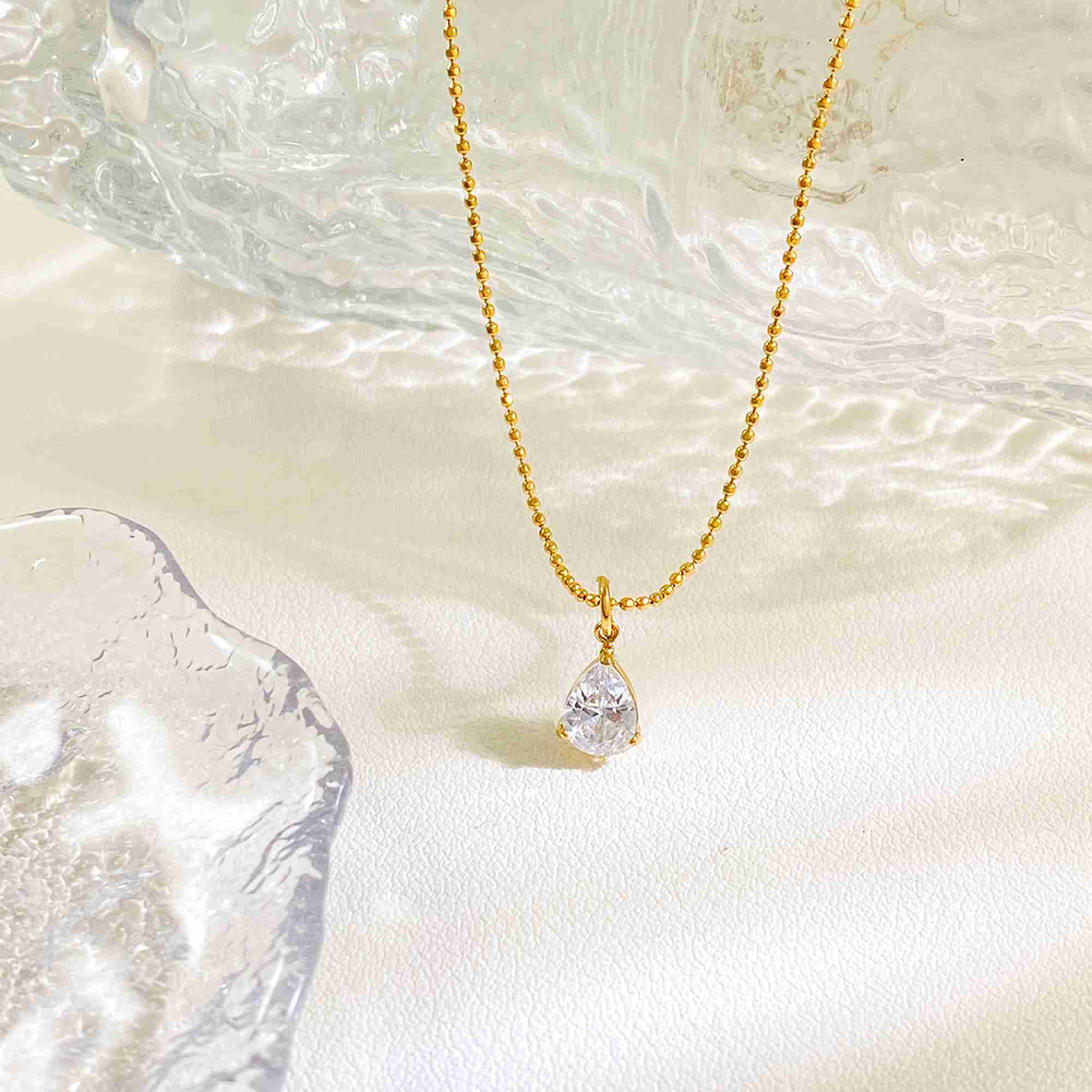 18K Gold Plated Teardrop Zircon Pendant Necklace Dainty Bead Ball Chain Water Drop CZ Necklace Women Daily Jewelry Gift