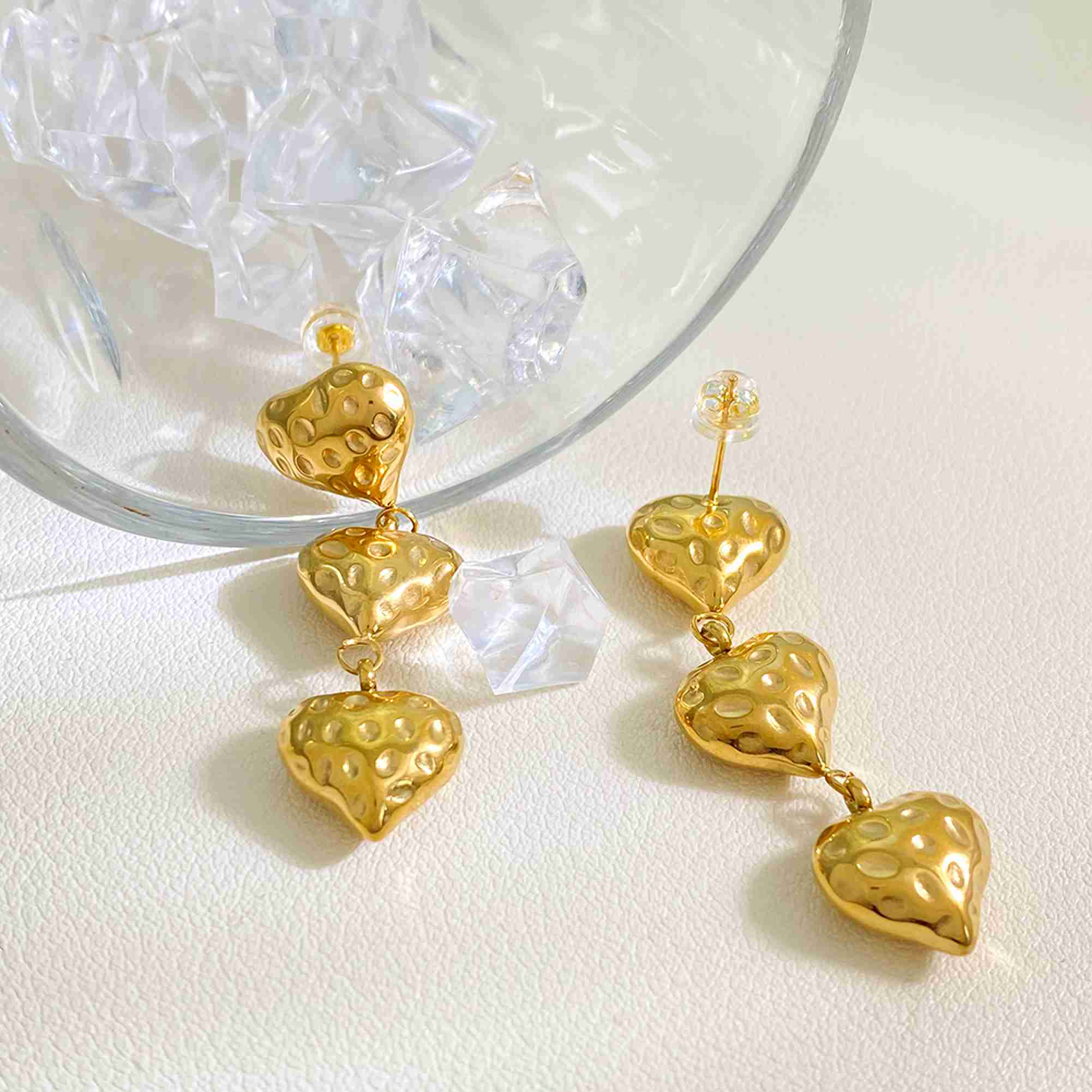Chunky Gold Heart Drop Earrings Triple Linked Heart Long Dangle Earrings for Women Waterproof Stainless Steel Earrings Wholesale - Image 4