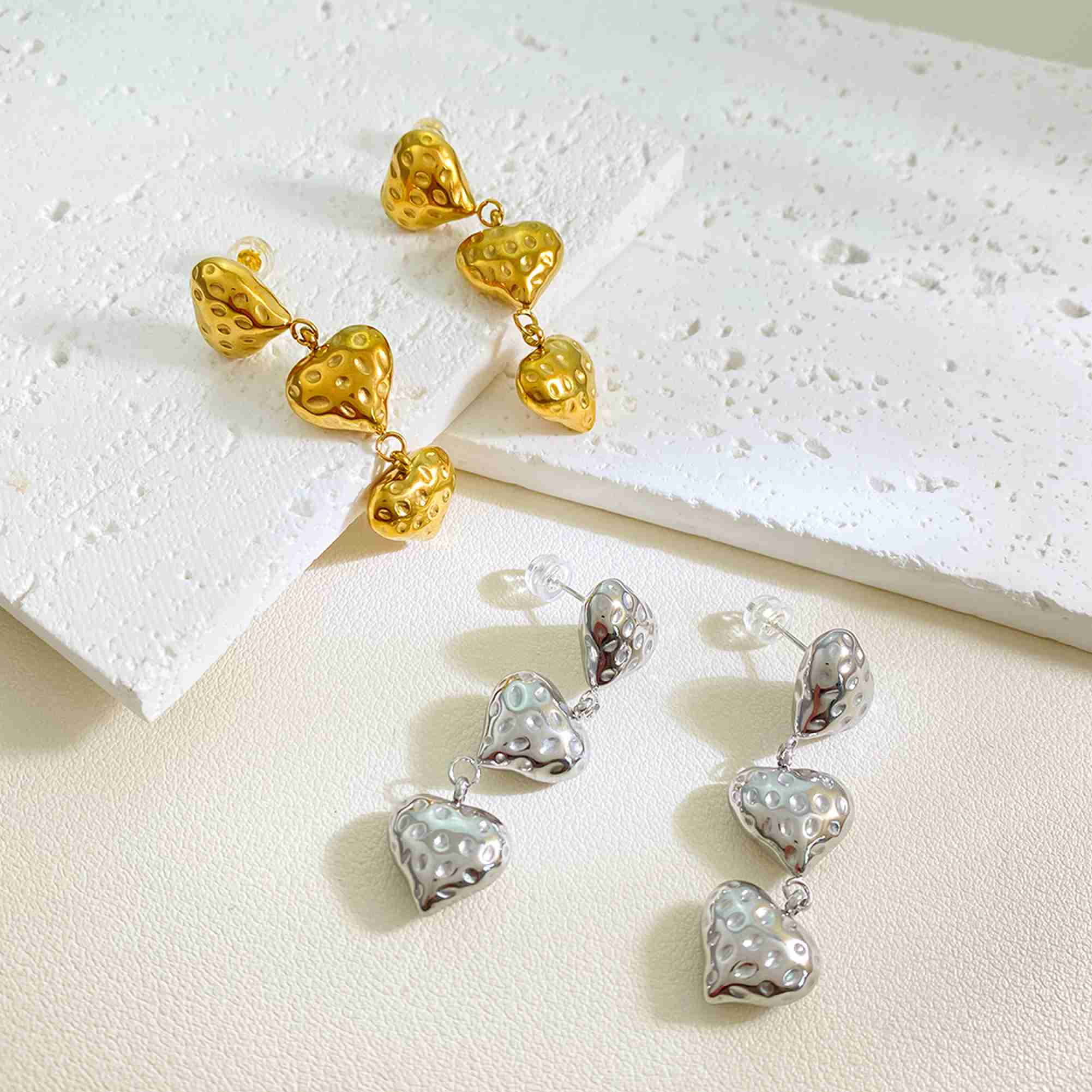 Chunky Gold Heart Drop Earrings Triple Linked Heart Long Dangle Earrings for Women Waterproof Stainless Steel Earrings Wholesale - Image 3