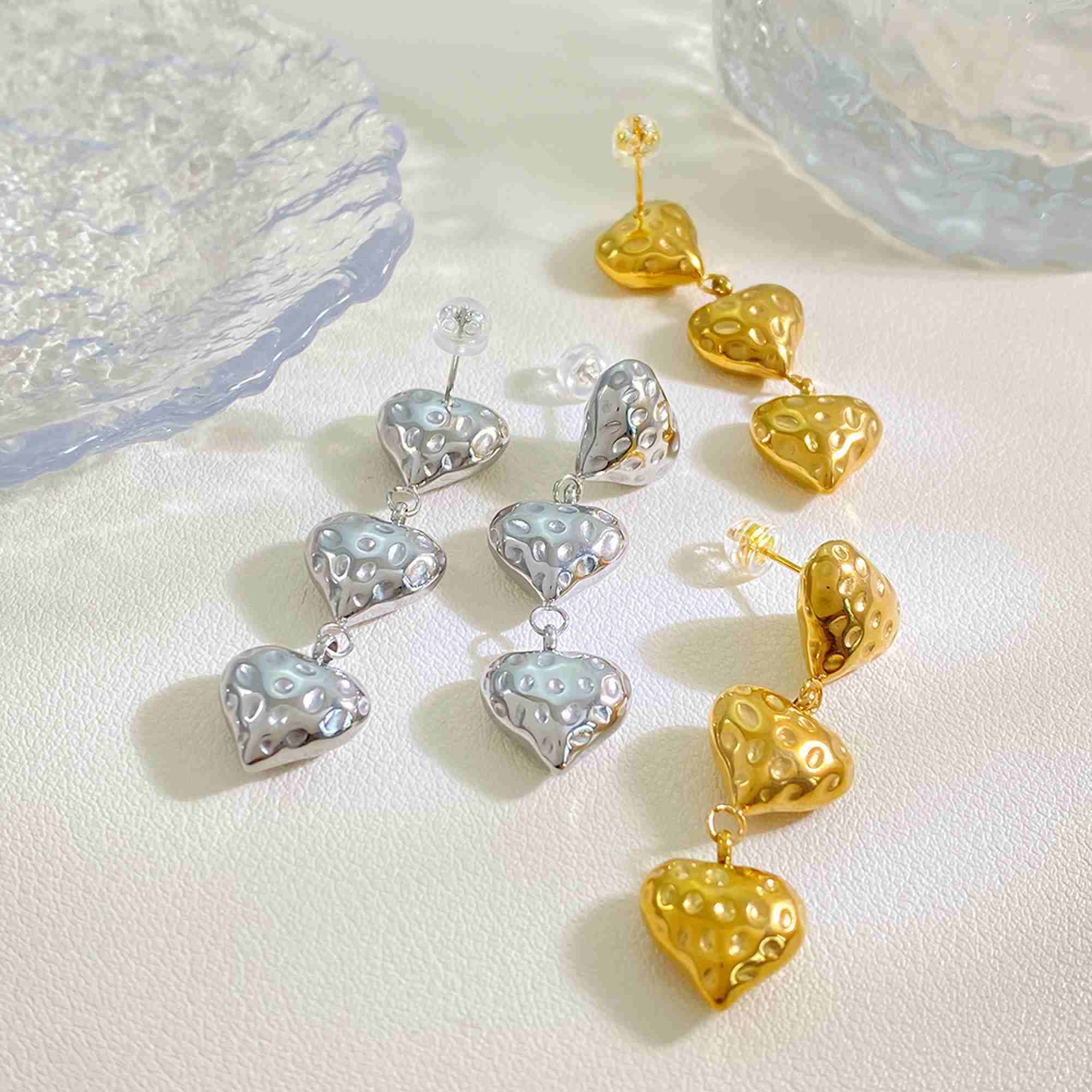 Chunky Gold Heart Drop Earrings Triple Linked Heart Long Dangle Earrings for Women Waterproof Stainless Steel Earrings Wholesale - Image 2