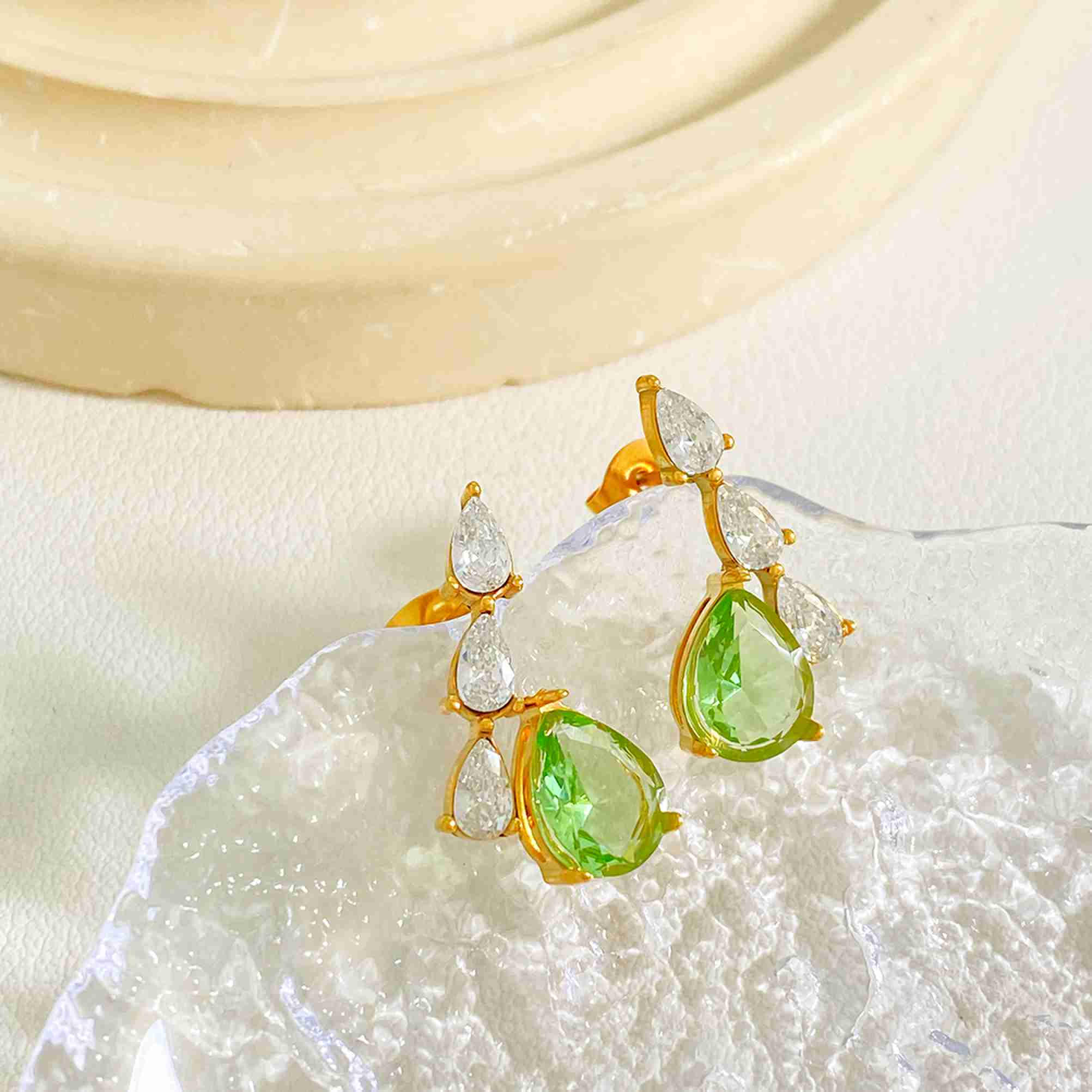 Dainty Waterdrop Gold Stainless Steel Earrings Wholesale Green & White CZ Cluster Dangle Earrings for Women Waterproof Jewelry
