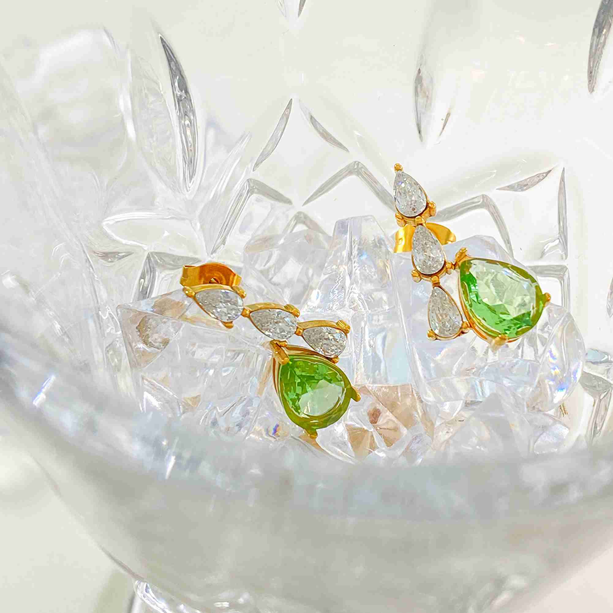 Dainty Waterdrop Gold Stainless Steel Earrings Wholesale Green & White CZ Cluster Dangle Earrings for Women Waterproof Jewelry - Image 2
