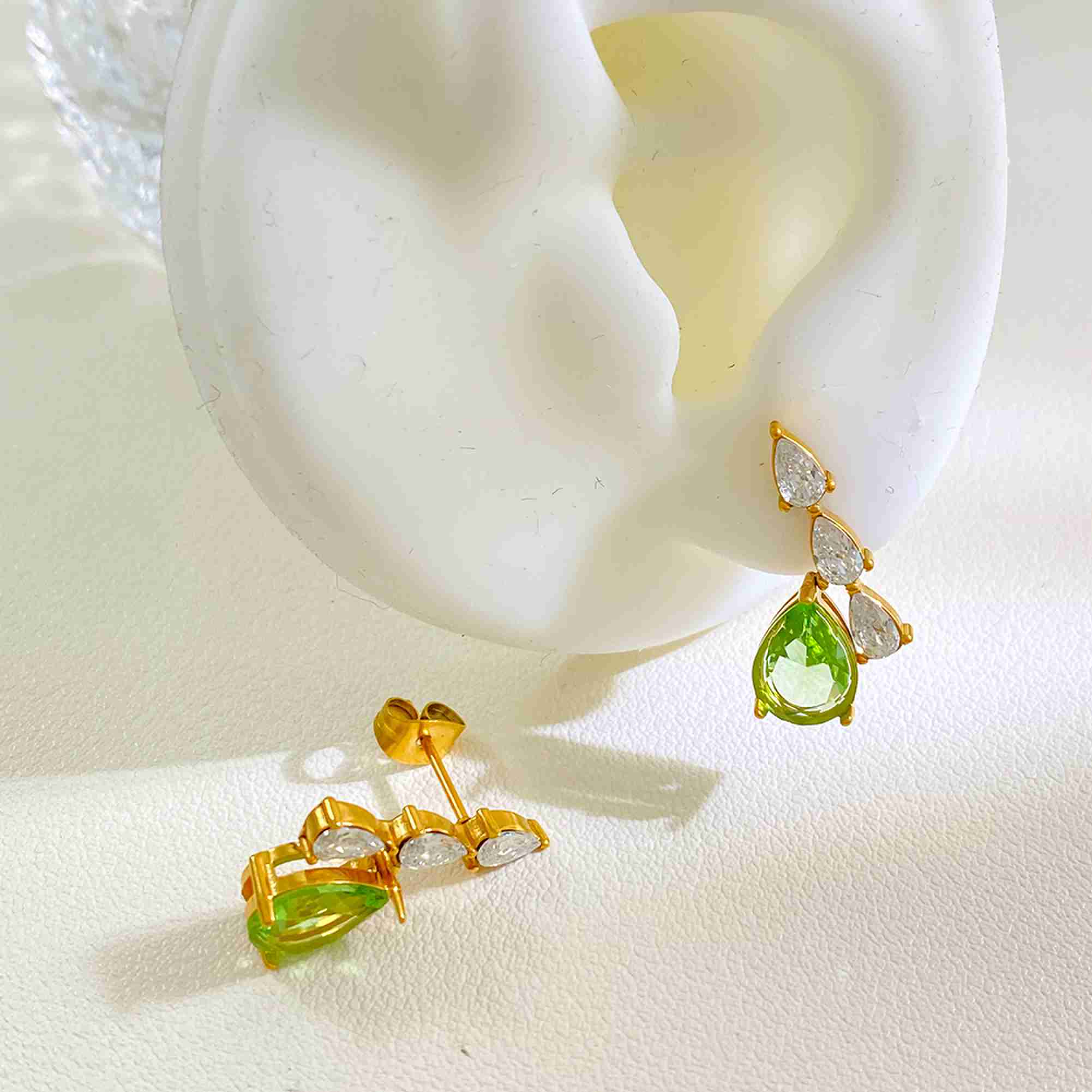 Dainty Waterdrop Gold Stainless Steel Earrings Wholesale Green & White CZ Cluster Dangle Earrings for Women Waterproof Jewelry - Image 4