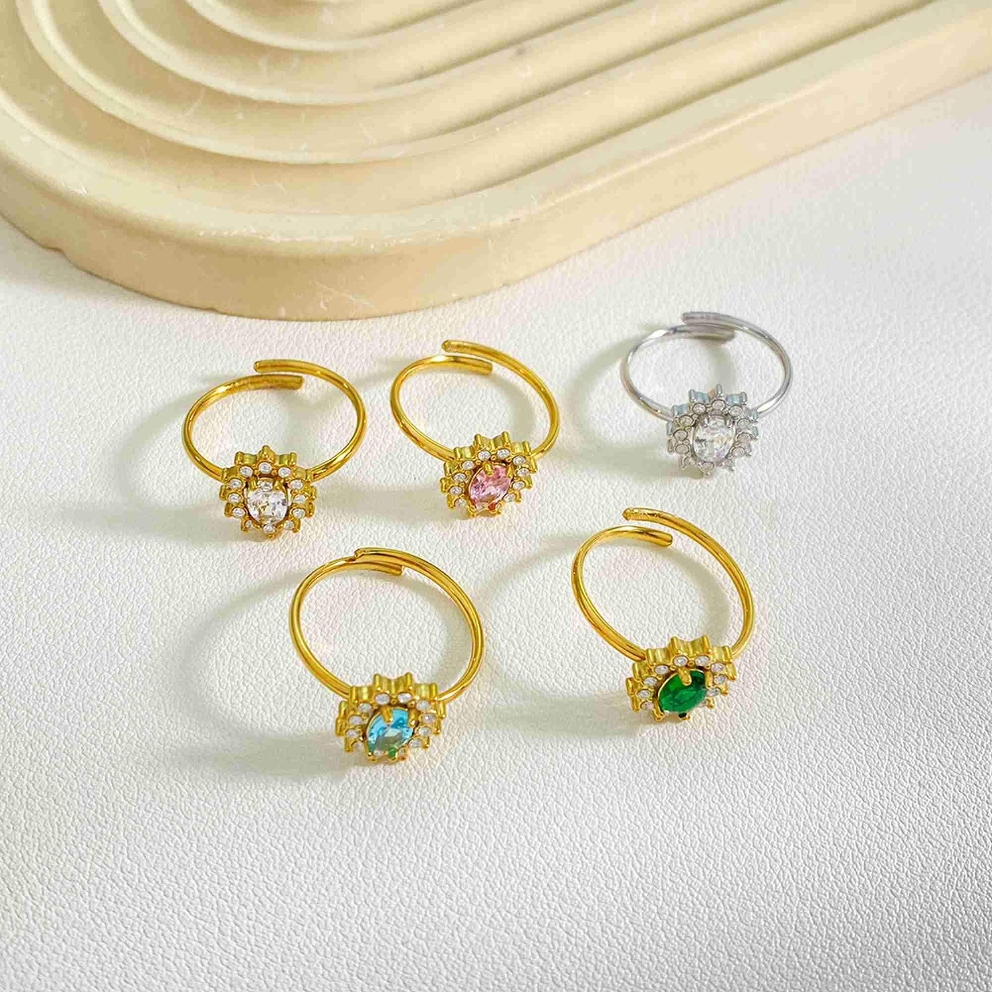 Stainless Steel Adjustable Sunburst Ring Colorful CZ Open Ring for Women Tarnish Free Waterproof Wholesale - Image 2