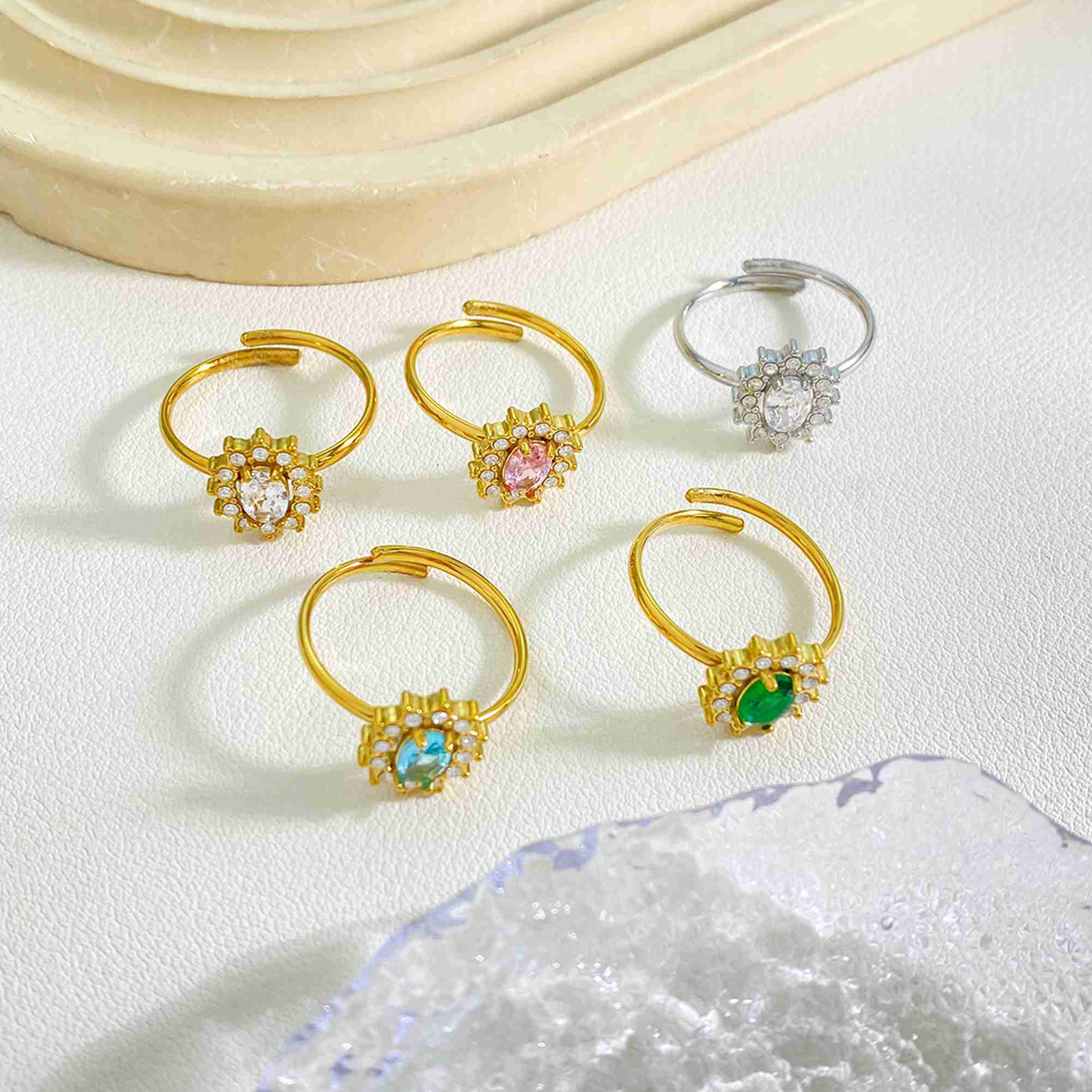 Stainless Steel Adjustable Sunburst Ring Colorful CZ Open Ring for Women Tarnish Free Waterproof Wholesale
